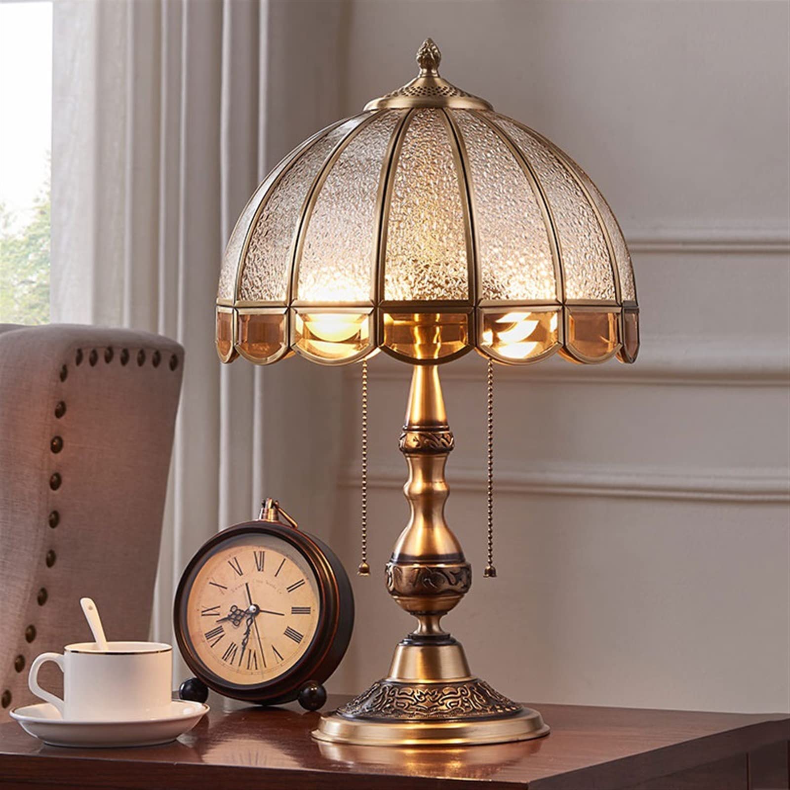 Affascinante Lampada da scrivania europea in rame, soggiorno, studio, lampada decorativa, camera letto, comodino antica con paralume in vetro Arredamento per la casa