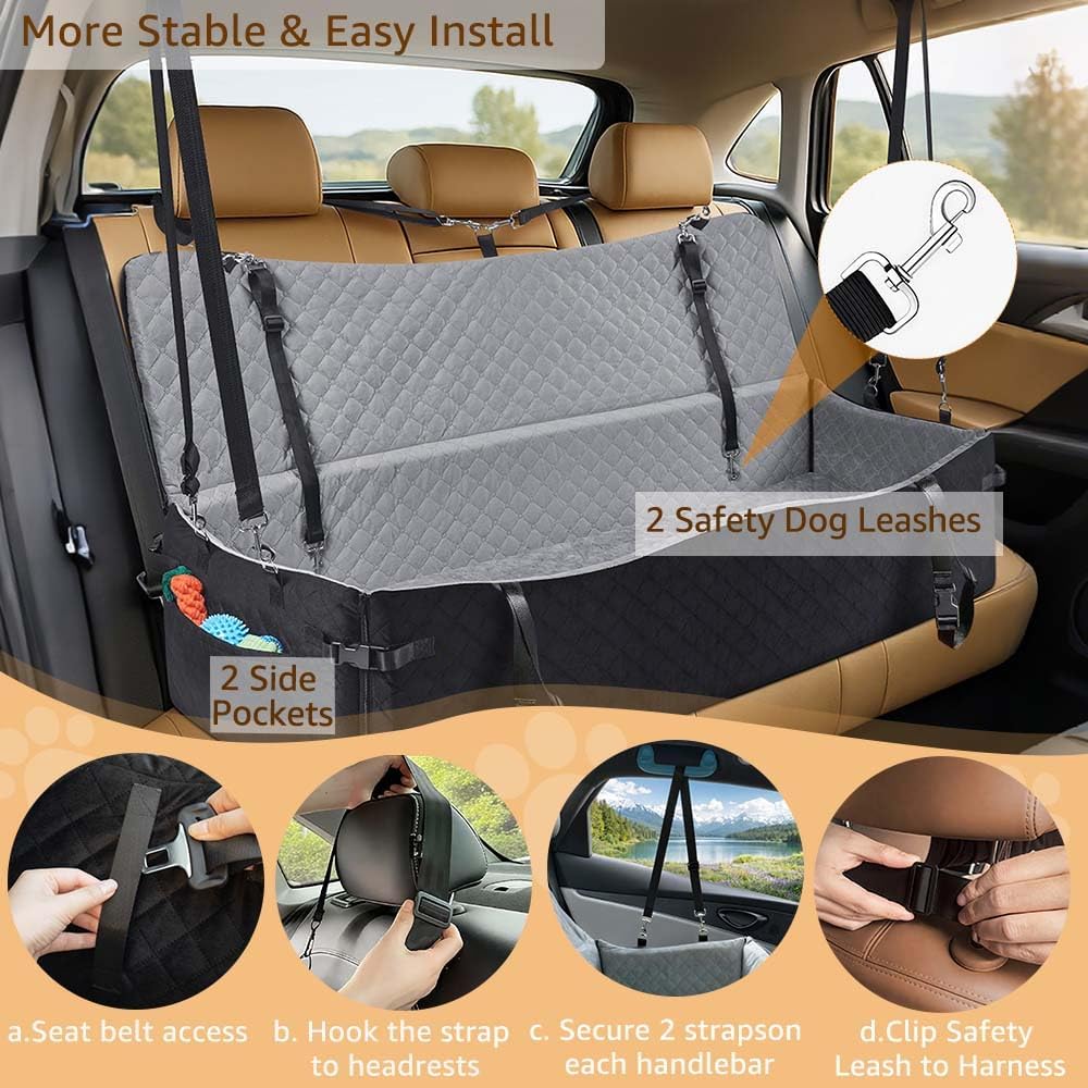 unipaws Dog Car Seat for Medium/Large Dogs up to 120lbs, Pet Booster Seat with 2 Safety Belts & Side Pockets, Easy Front/Side Entry, Detachable, Washable Pet Car Bed for Backseat (Black/Grey)