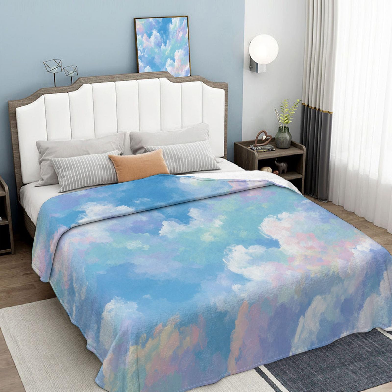Jeté de lit en flanelle haut de gamme motif nuages vert clair impressionnistes