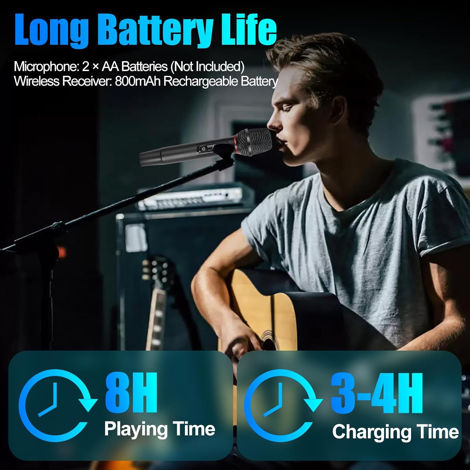 Wireless Microphone System for Karaoke, Dual UHF Metal Wireless Mic with Rechargeable Receiver, for PA System, Speaker, Party, DJ, Wedding, Church (Black)