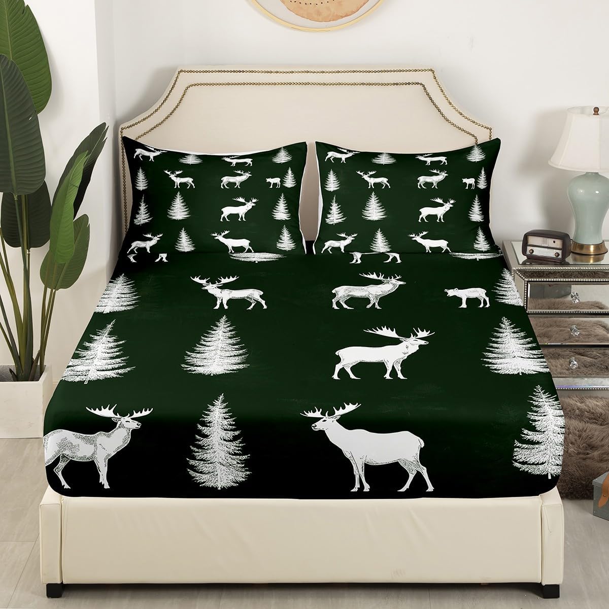 Elk Deer Fitted Sheet Full Size,Cute Abstract Bear Bed Sheets Woodland Wildlife Sheet Set Pine Trees Jungle Bed Cover Wild Animals Bedroom Decor