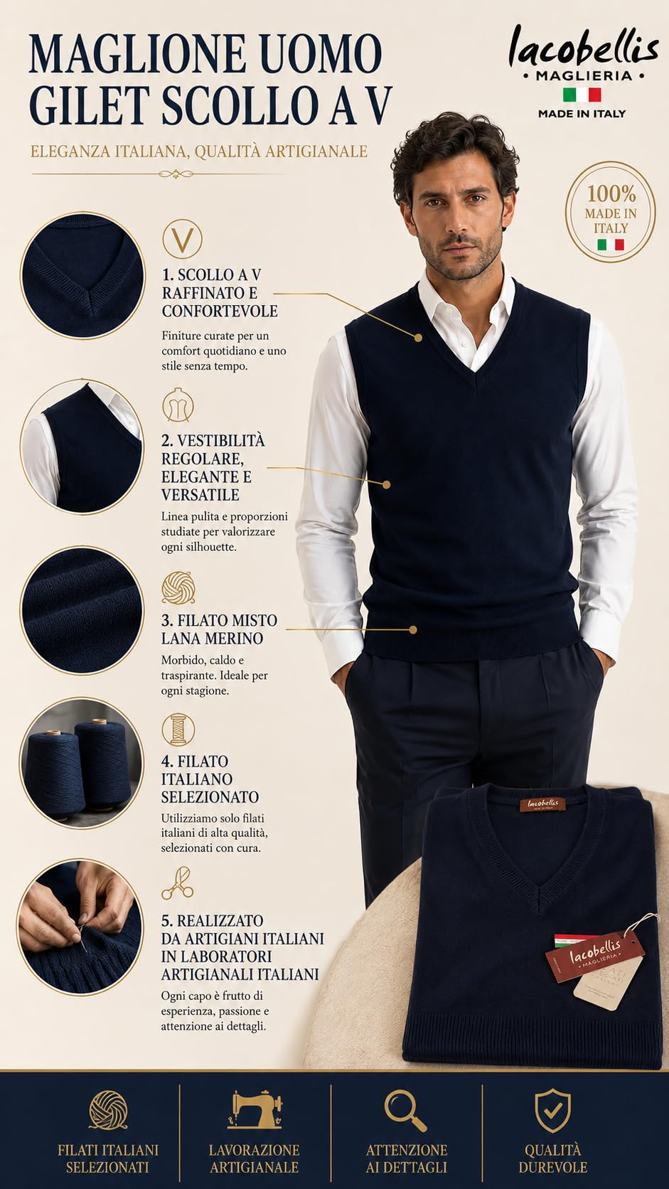 Maglione Uomo Pullover Gilet Misto Lana Merinos Extrafine Made in Italy