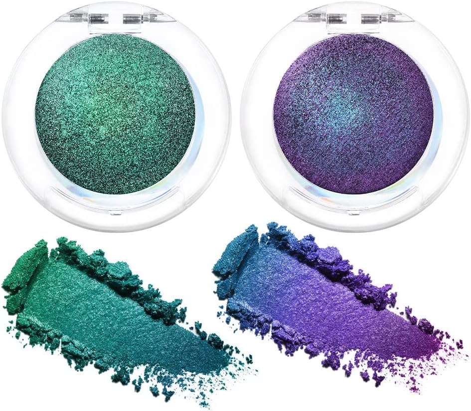 2Pcs Shimmer Teal Dark Sapphire Blue Bright Purple Multichrome Chrome Single Eye Shadow Palette Makeup for Older Women, Glitter Metallic Duochrome Chameleon Gothic Iridescent Eyeshadow Palette