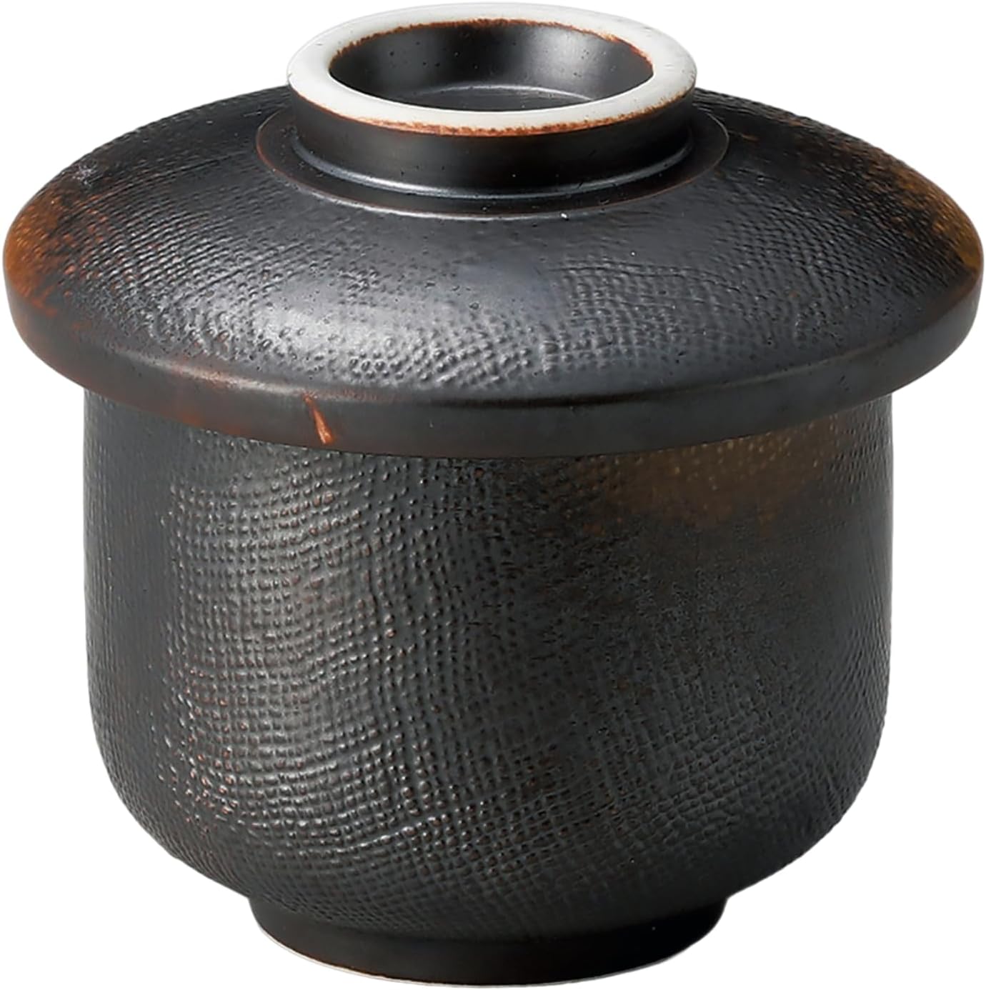 IPPINKA Yakishime Chawanmushi Set - Japanese Unglazed Ceramic Cup with Lid - Black - Made in Japan
