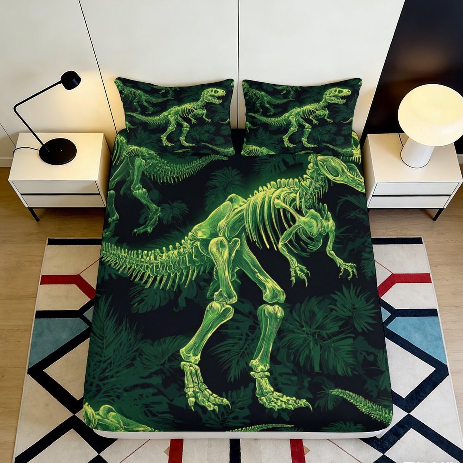 Pnayamiorkfel Style-10 3D Printed Dinosaur Skeleton Fitted Sheet Microfiber Soft Green Jungle Bed Cover For Bedroom Dorm Mattress Decor 90X200x25cm