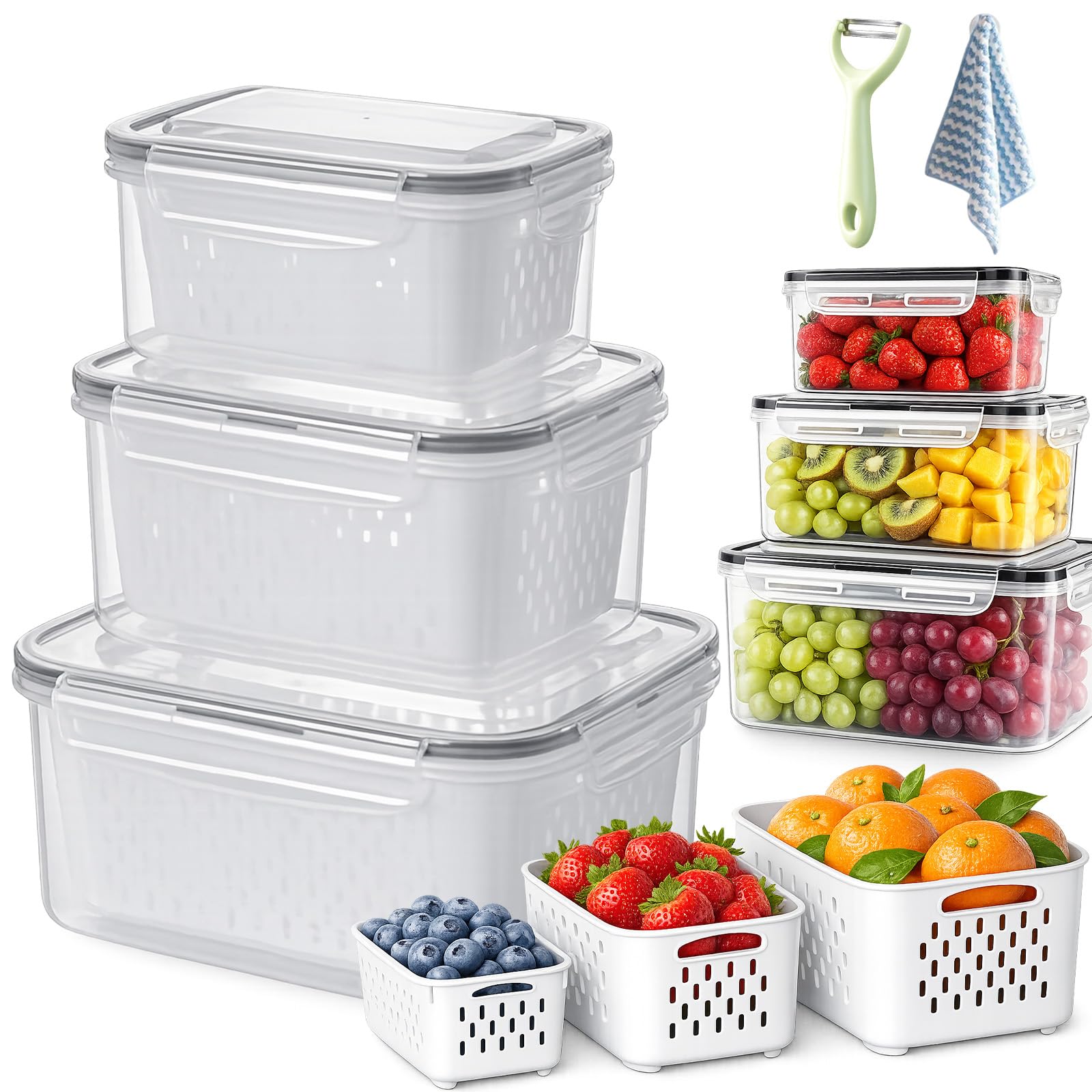 4-in-1 Produce Storage Containers, 3-Pack Set Fruit Storage Containers for Fridge with Removable Colander & Airtight Lids, Leak Proof Drain Basket for Fresh Vegetable Organization (Gray,S+M+L)