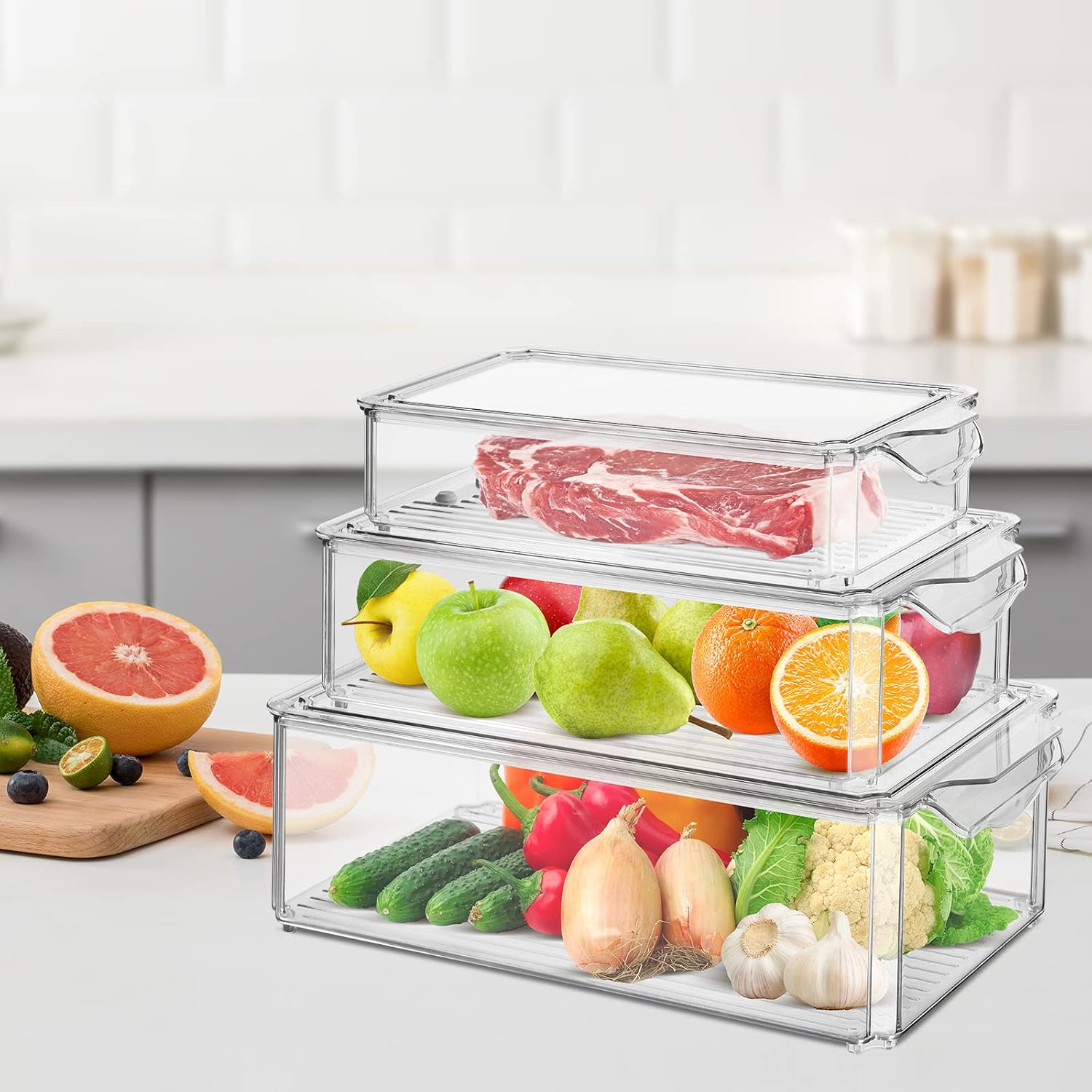 Fridge Organisers Bins Set of 3, Stackable Clear Fridge Storage Containers with Lids, Plastic Refrigerator Storage Box for Kitchen Pantry Freezer Cupboards