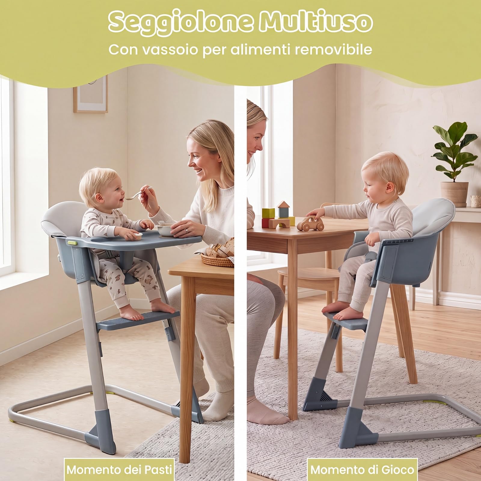 COSTWAY Seggiolone Pappa in PP, Seggiolone Alto per Bambini con Vassoio e Cuscino Rimovibili, Cintura di Sicurezza, Barriera Anticaduta e Poggiapiedi per Neonati 6-36 Mesi