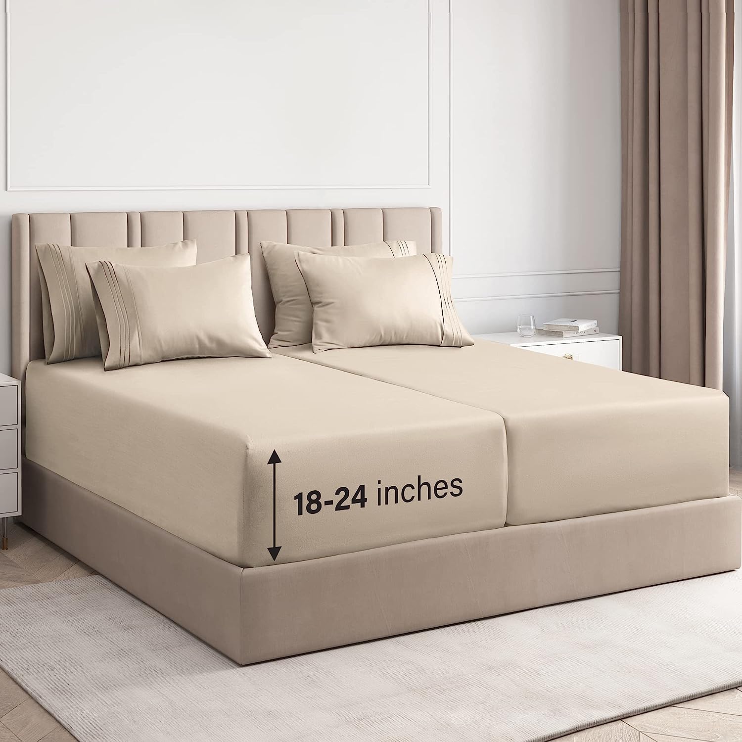 extra deep split king sheet set - 7 piece breathable and cooling sheets - hotel luxury bedding for women, men, kids & teens - easy secure fit - soft, wrinkle free & comfy - extra deep pockets - cream