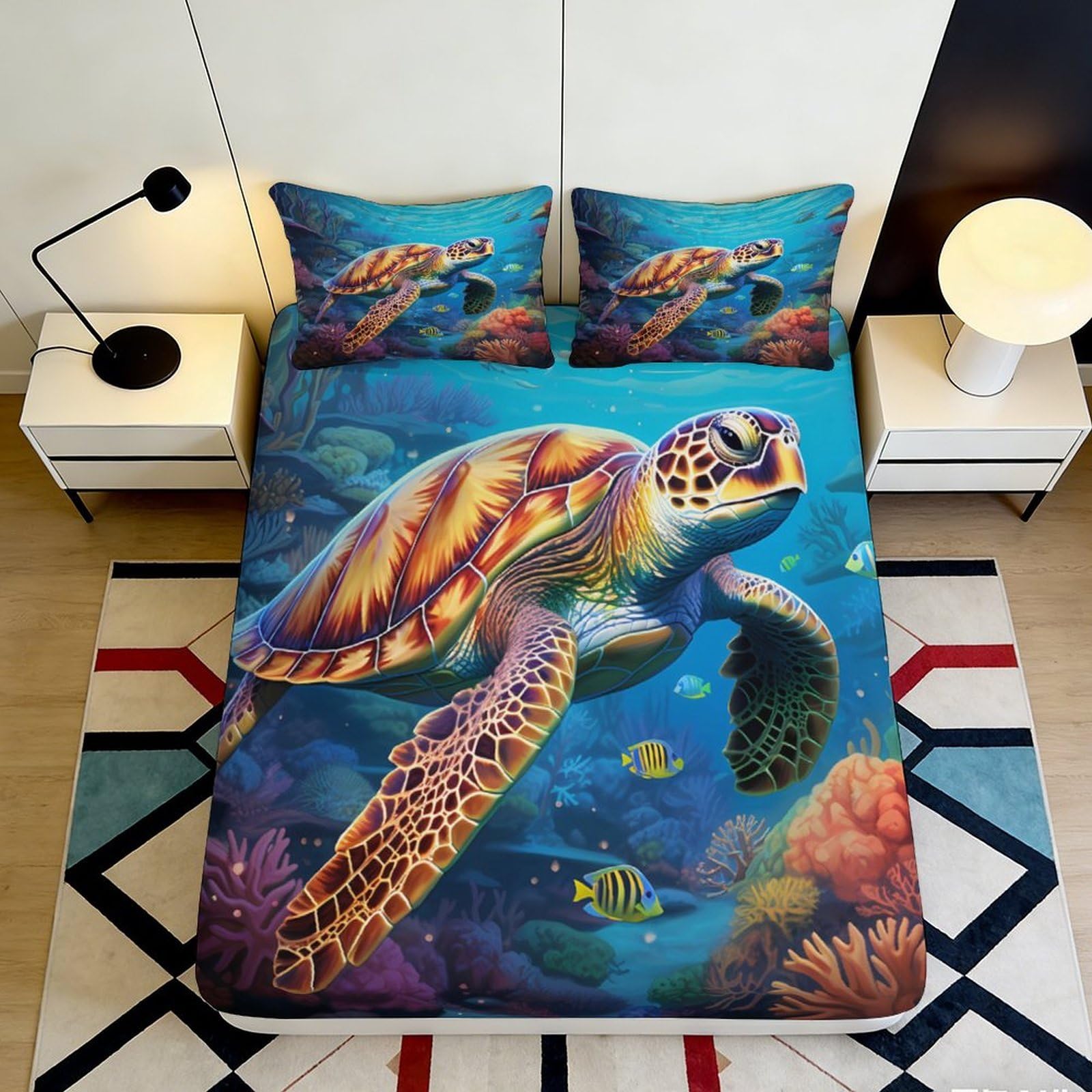 3D Printed Sea Turtle Ocean Fitted Sheet Microfiber Anti-Slip Bedding Coral Reef Mattress Cover for Bedroom Decor 120x200x25cm