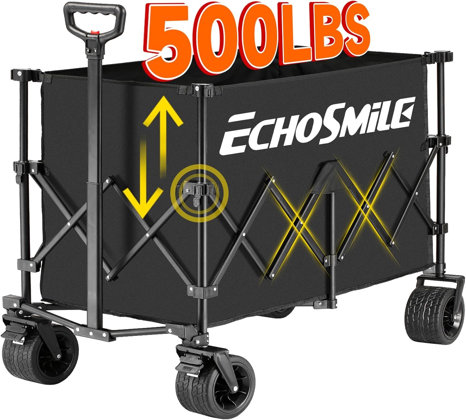 EchoSmile Collapsible Foldable Extended Height Wagon with 500lbs Weight Capacity,Folding Utility Garden Cart with Big All-Terrain Beach Wheels,for Camping, Garden,Sports,Beach,Shopping,Black