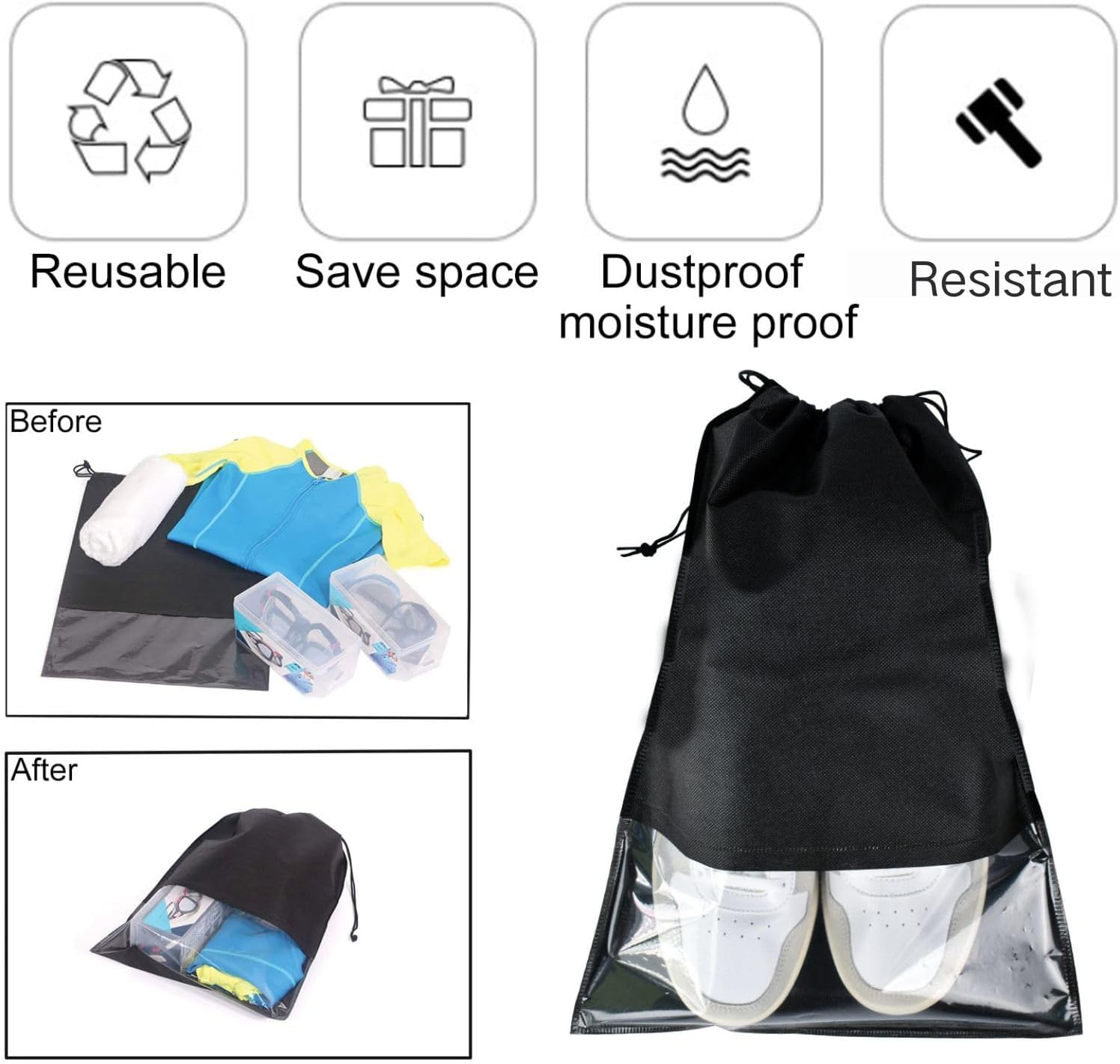 6 Pcs Travel Shoe Bags, ULIFEMALL Large Non-Woven Drawstring Shoes Storage Bag with Transparent Slot Clear Window Portable Waterproof Dustproof Shoes Pouch Packing Organizer for Men Women, Black - Image 4