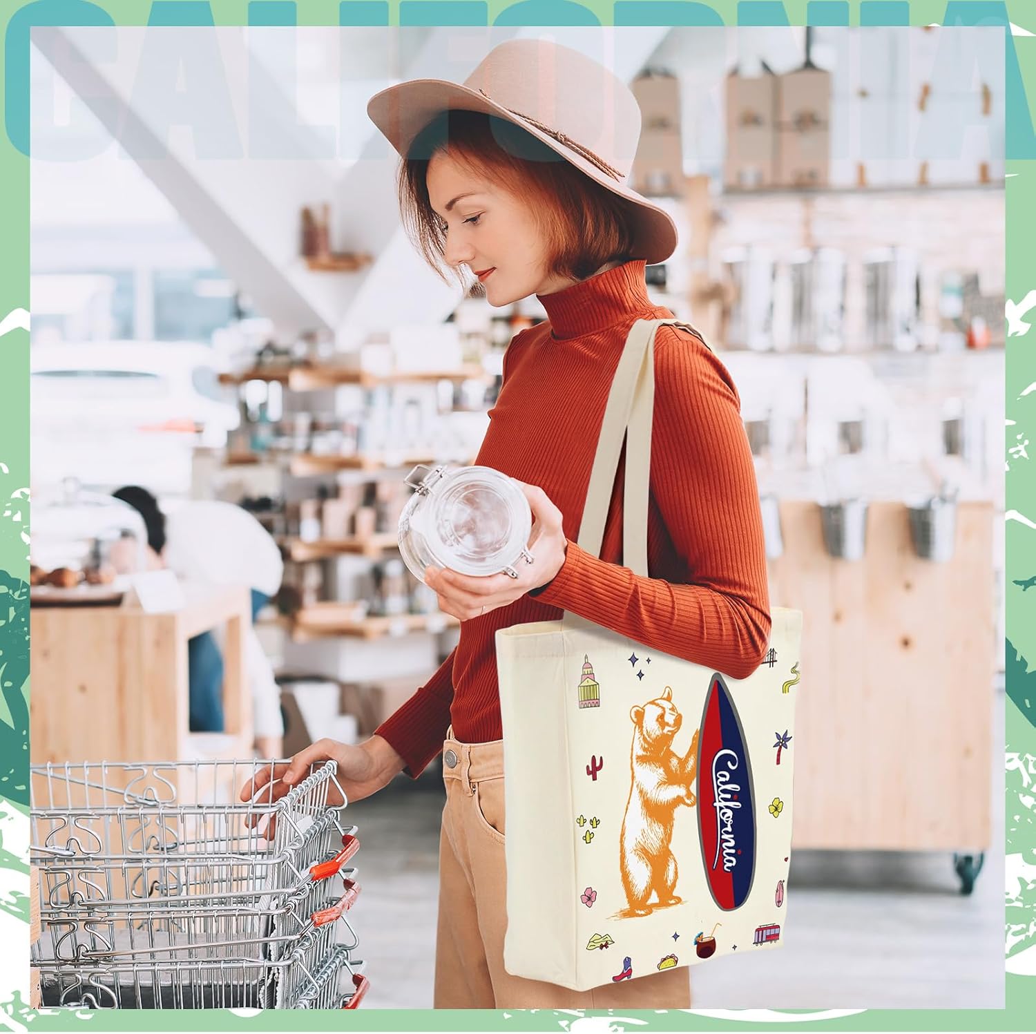 6 Pcs Large Canvas Tote Bags Reusable City Souvenir Grocery Bags with Handle Shopping Basket Bulk (California)