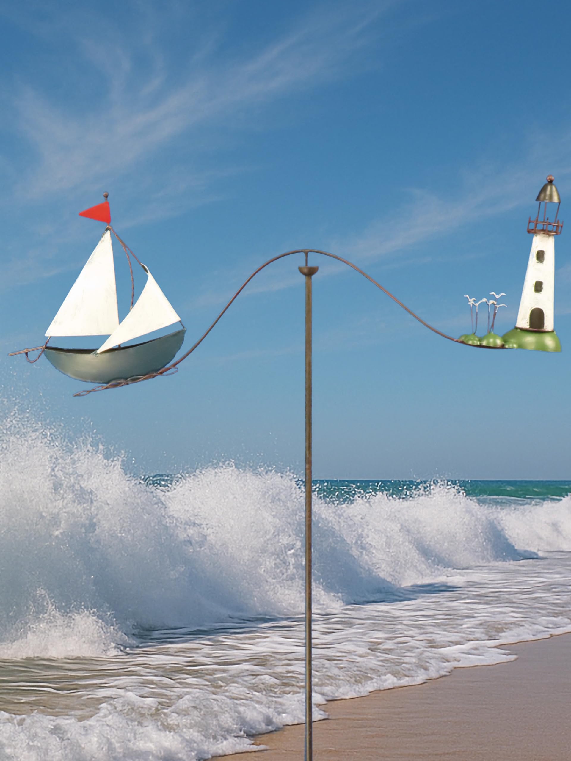 Pommerntraum ®| Windspiel Gartendeko Leuchtturm Möwen Segelboot Maritim | Gartenpendel Gartenstecker Nautik Segelschiff Segelyacht Vogel Vögel Küstenfans Segler Skipper SEGELBOOT + LEUCHTTURM + MÖWEN