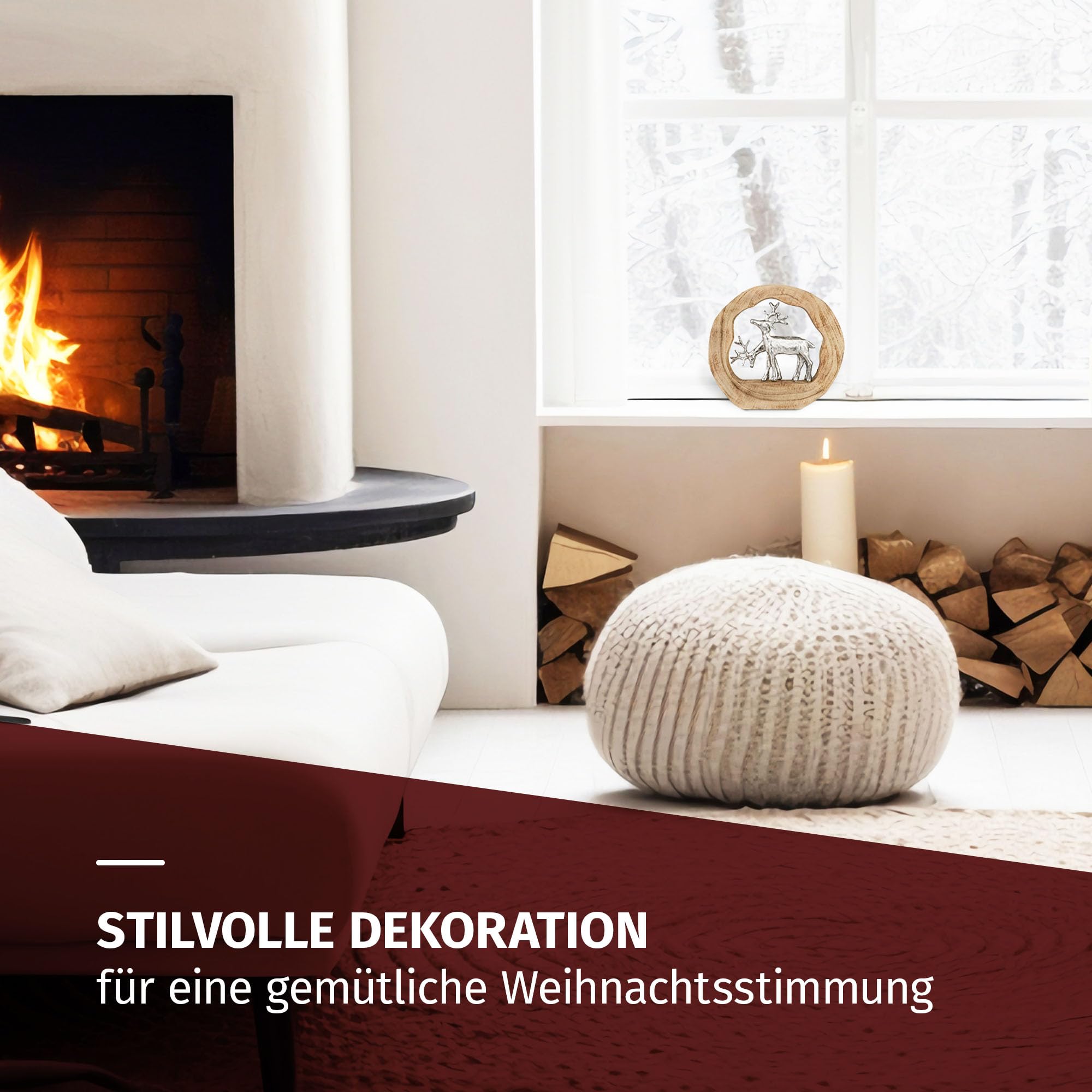 Moritz Dekofigur Rentiere im Holzring aus Mangoholz und Aluminium 27,5 cm Moderne Holzskulptur mit Zwei Rentieren für Tisch Kommode oder Fensterbank Handarbeit Unikat im natürlichen Design