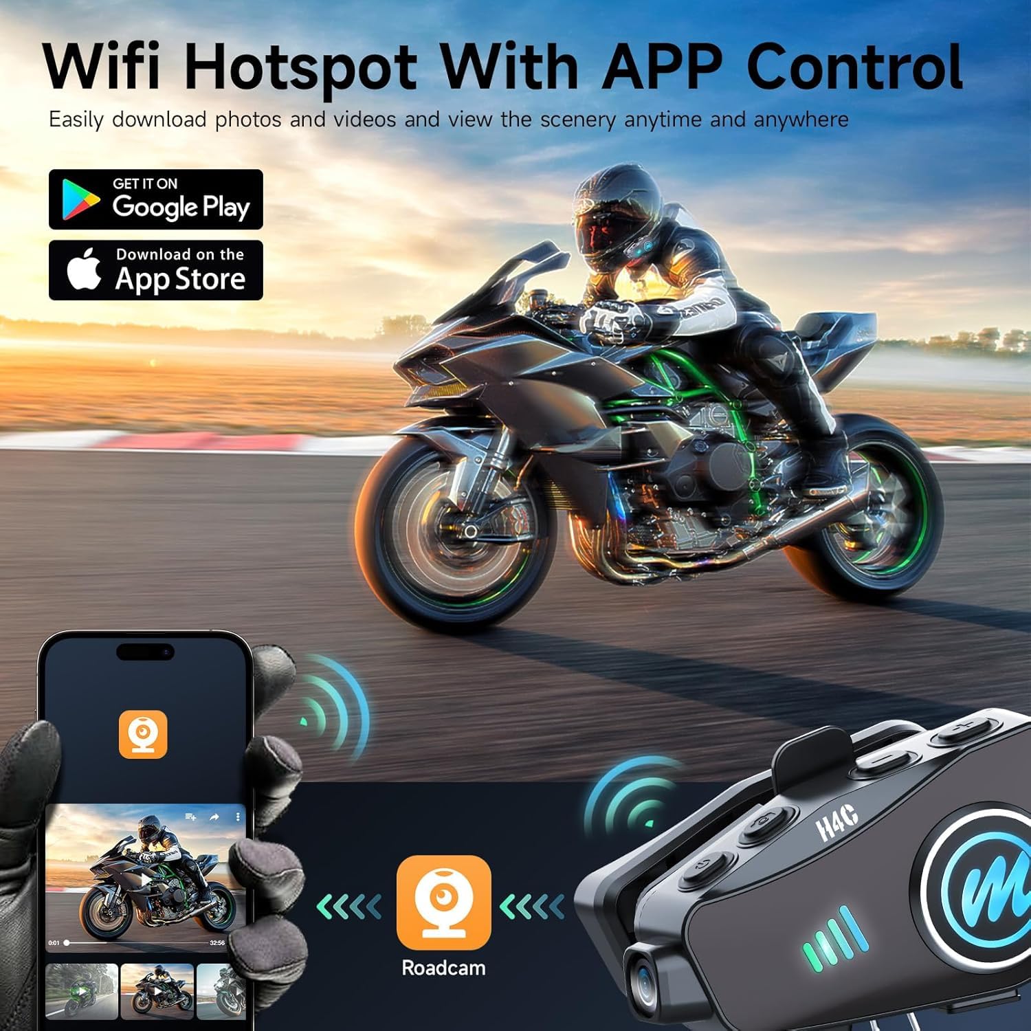 Motorrad Helm Headset mit Kamera, Moman H4C mit 【1080P Kamera】120° Weitwinkel 360° Aufnahme mit 32G TF Karte Motorcycle Helmet Kopfhörer HiFi Stereo für eine Person AI Voice Assitant IPX6 Wasserdicht