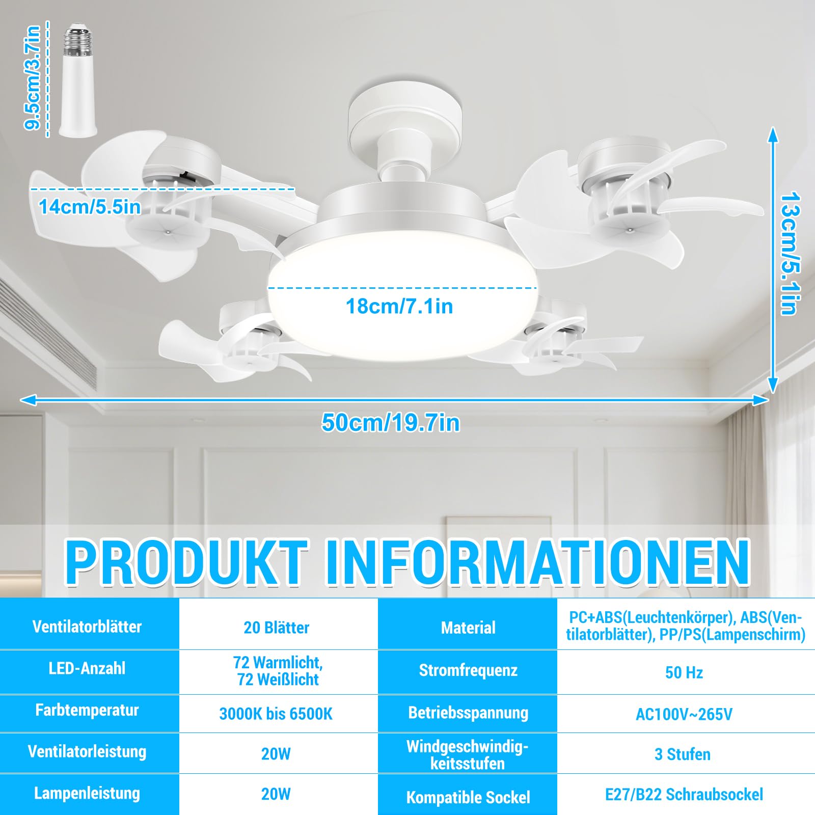 Deckenventilator mit Beleuchtung, 50CM Faltbarer Lampe mit Ventilator, Timer- und Speicherfunktion, Leiser LED Deckenleuchte mit Ventilator und Fernbedienung, 3 Windstufen & 3 Farbtemperatur