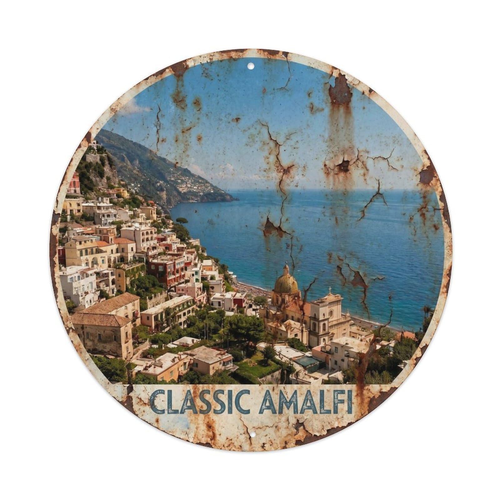 Coastal Amalfi Hillside Panorama Travel Riviera Classic Metal Tin Sign Plaque Wall Decor for Cafe, Man Cave, Club Bar, Office, Home Garden Round Metal Poster 8x8Inch