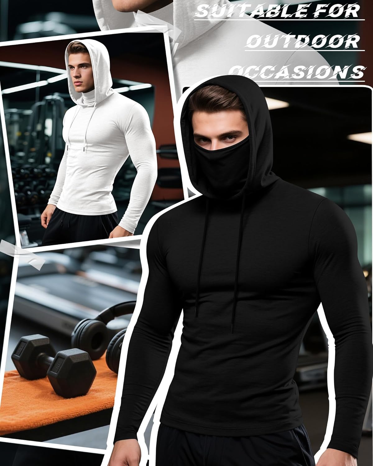 3 Pack Men's Sports Hoodies with Mask Compression Long Sleeve Thermal Shirts Base Layer Tees Running Pullover