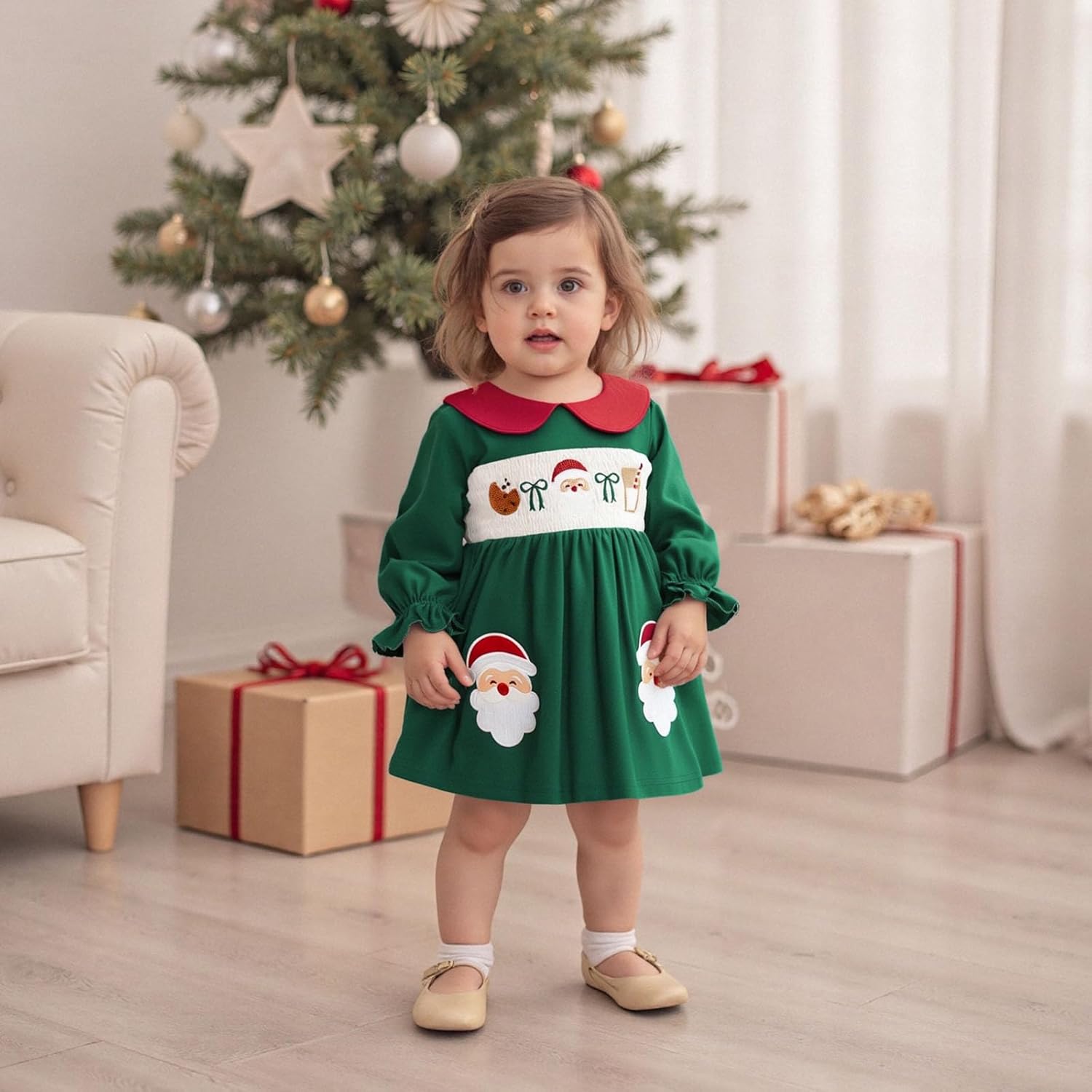 BULINGNA Toddler Baby Girl Christmas Santa Dress Long Sleeve Doll Collar Kids Smocked Christmas Dress Fall Winter Clothes - Image 6