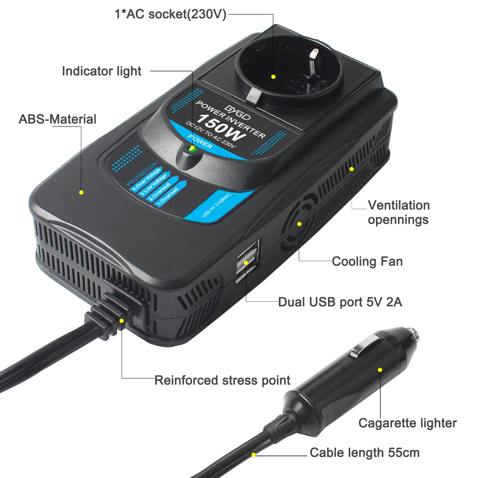 Inverter di Potenza per Auto 150W, Convertitore da 12V DC a 230V AC con 2 Porte 2A USB, Convertitore di Potenza Adattatore,Adatto Per Ricaricare Telefoni Cellulari, Computer Portatili, Ipad E Psp