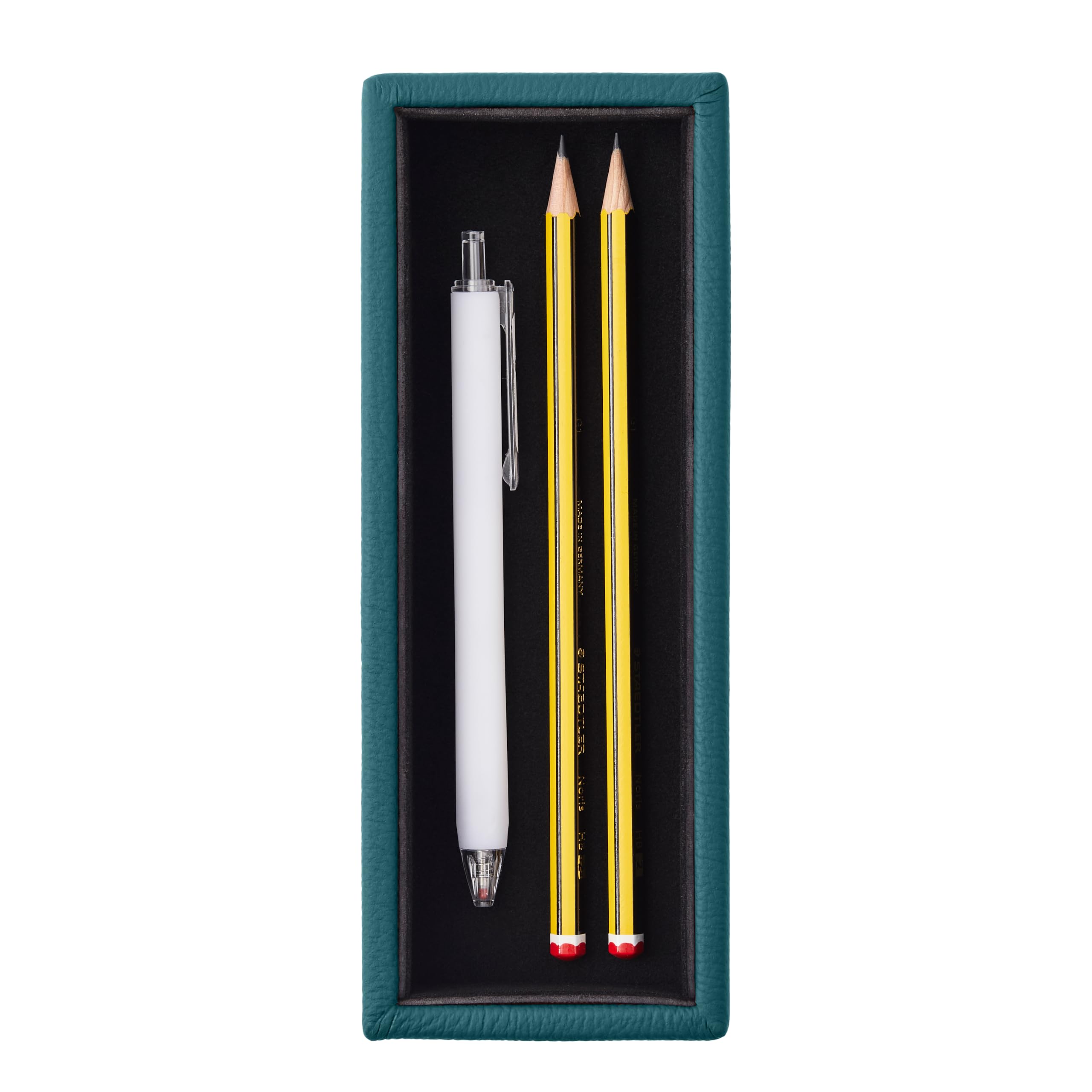 Eglooh - Atena - Vassoio Portapenne da Scrivania Ufficio in Vera Pelle Blu Petrolio - Design Rettangolare e Finiture Artigianali - cm 20 x 7,5 x H.3,5 - Interamente Made in Italy