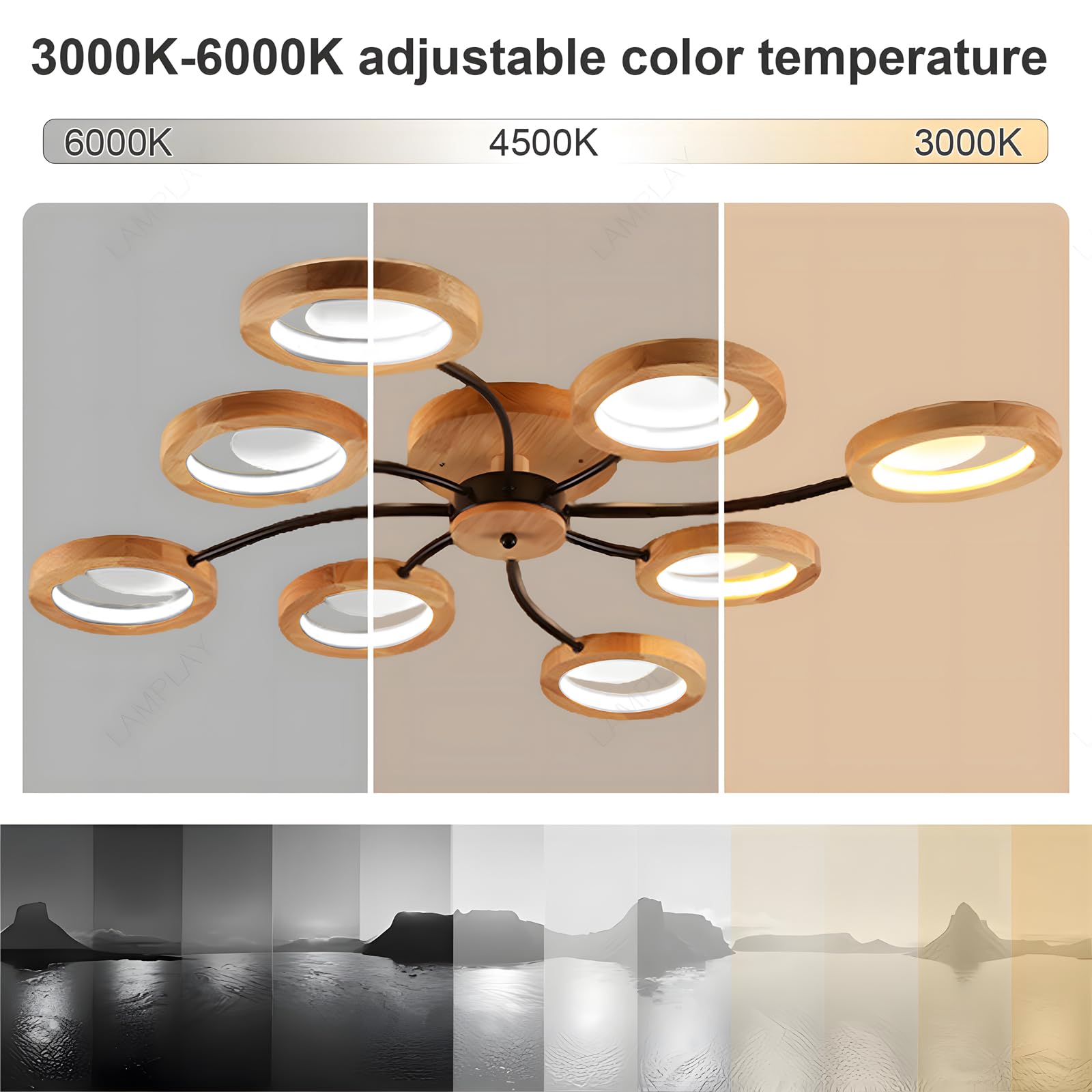 Lampada Da Soffitto Moderna A LED, Lampadario Ø114cm Dimmerabile Con Telecomando 3000K-6000K, Braccio Nero + 8 Anelli In Legno, Paralume In Metallo, Soggiorno Camera Da Letto Sala Da Pranzo