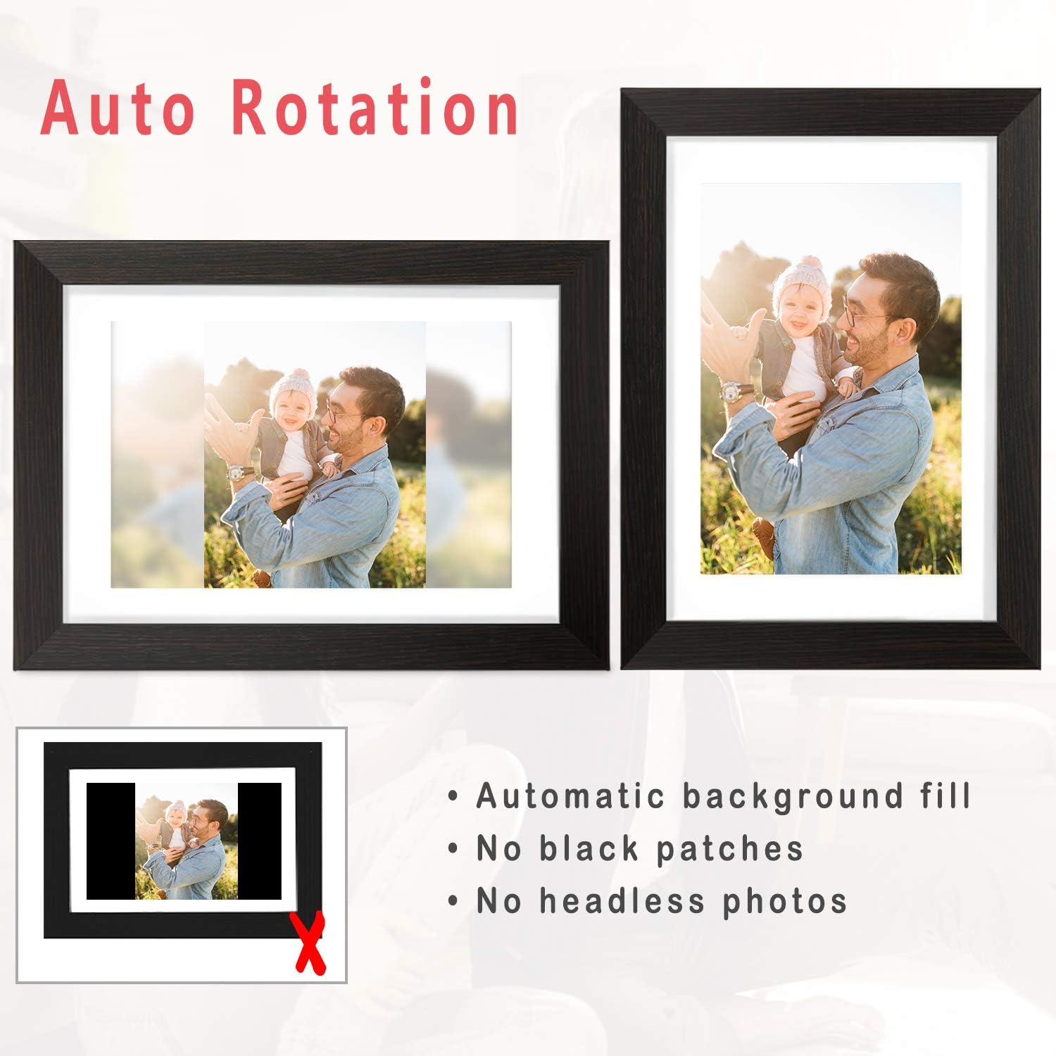 AEEZO Digital Picture Frame PF107 demonstrating auto-rotation and background fill