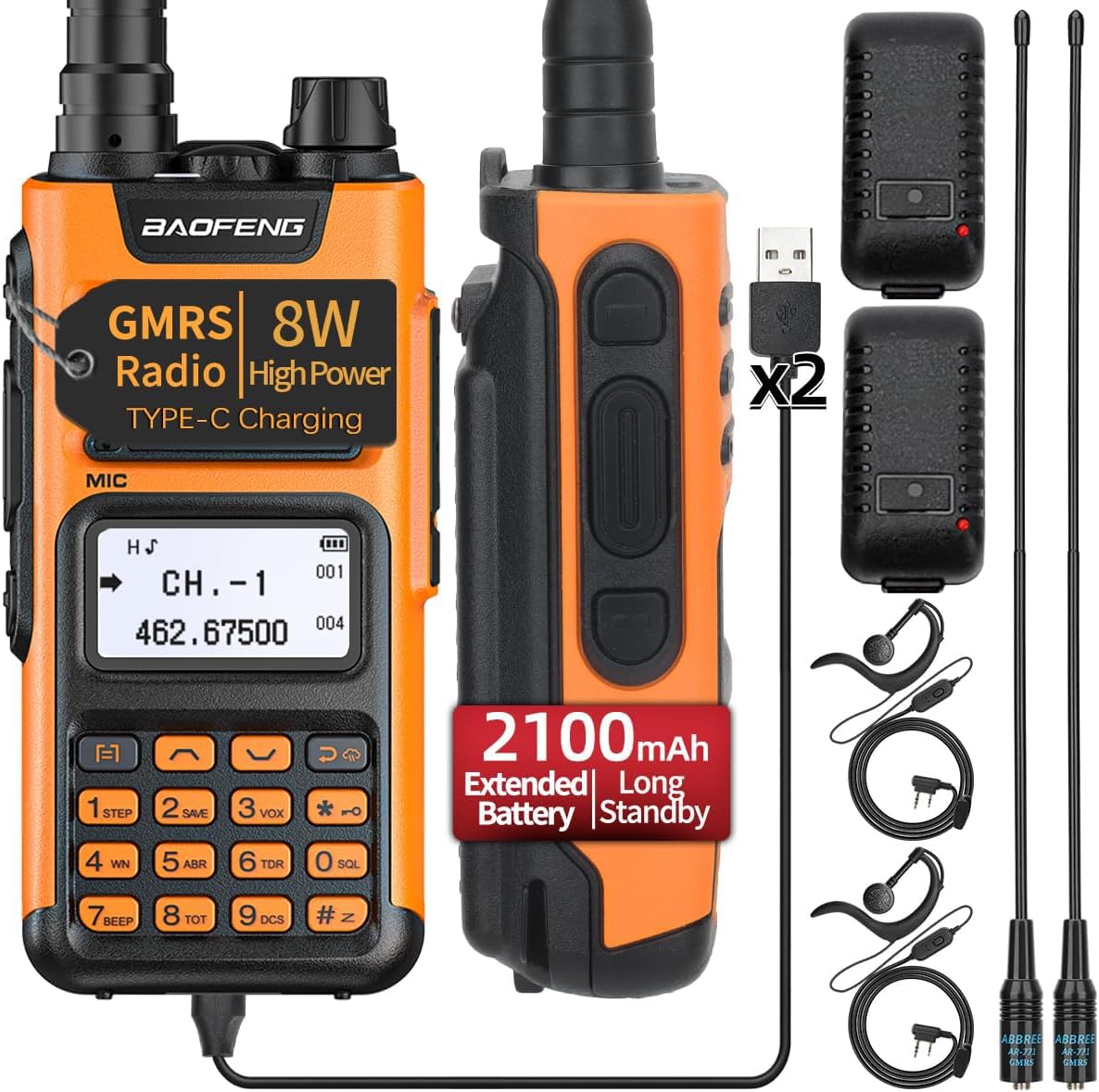 BAOFENG GMRS Handheld Radio GM-15 Pro 8W Rechargeable Long Range Walkie Talkies GMRS Repeater Capable,NOAA Weather Receiver and Scan Two Way Radio with Extended Battery USB-C Charger,2 Pack