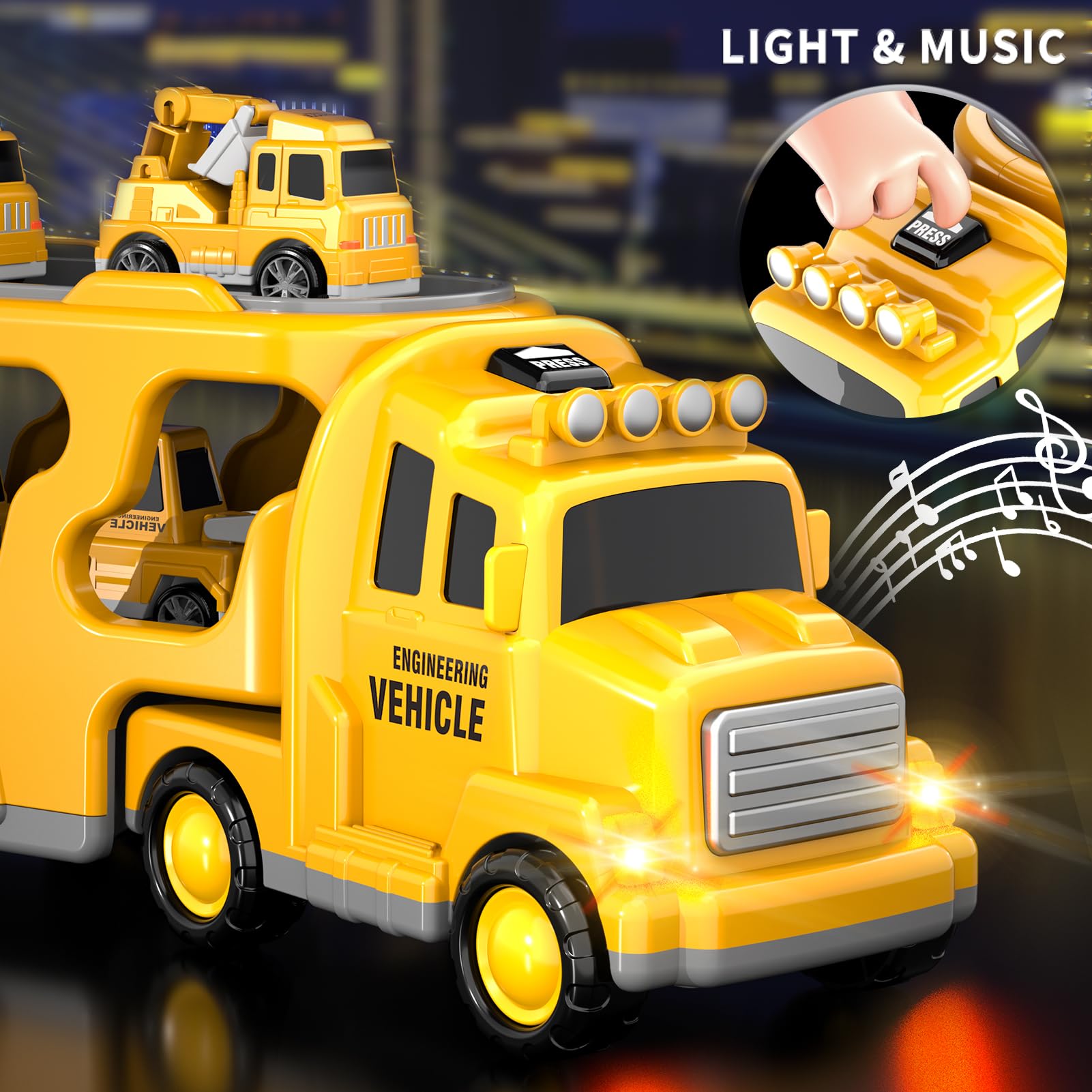 5 in 1 Construction Vehicles Toy for Boys Ages 3 4 5 Years and Up, Car Transporter Truck with 4 Small Cars, Friction Crane - Image 3