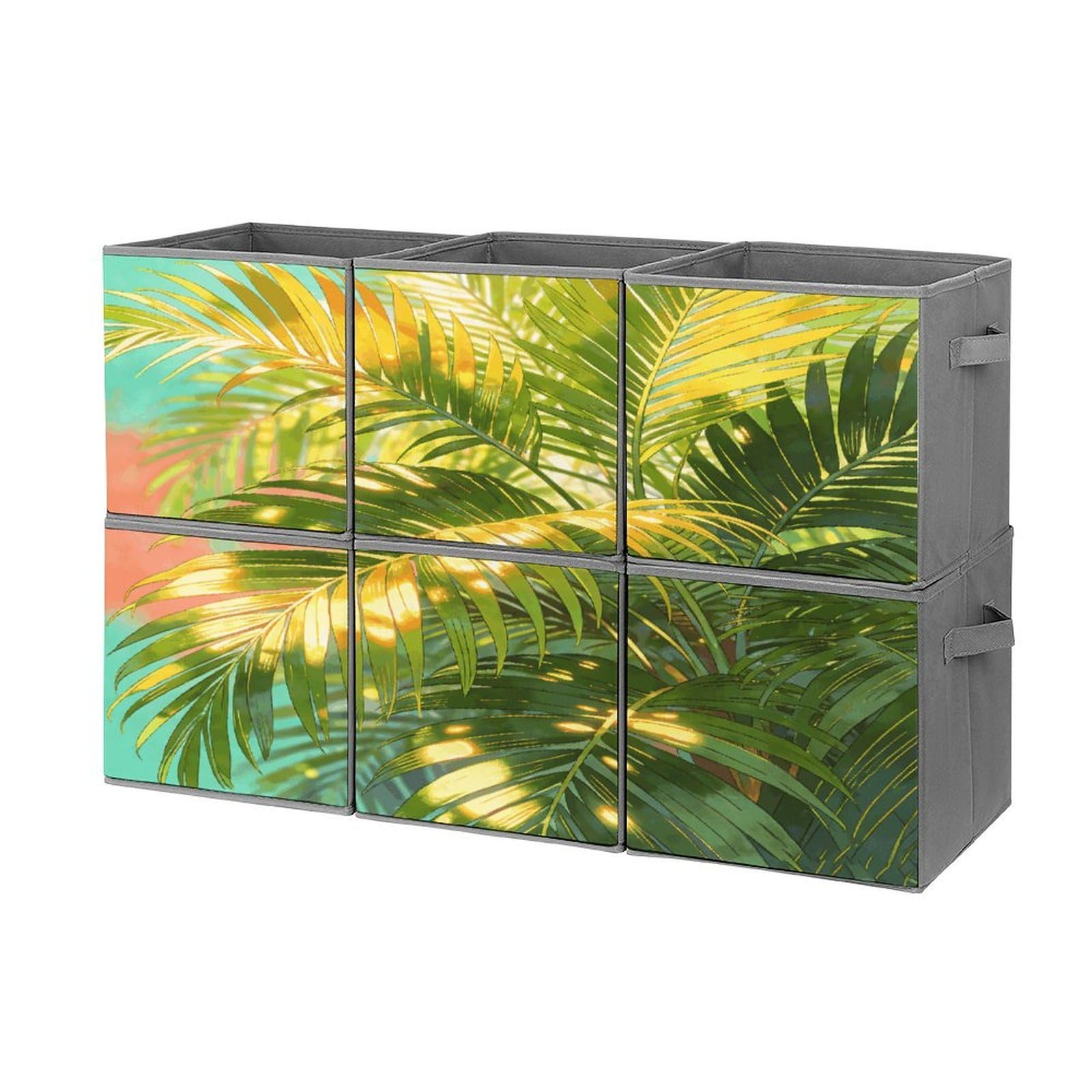 Fodpand Style Tropical Palm Leaves Cube Bins With Double Handles,Set Of 6 Cube Organizer, Stackable And Foldable Storage Bins For Organization, Closet, Shelves, Offices