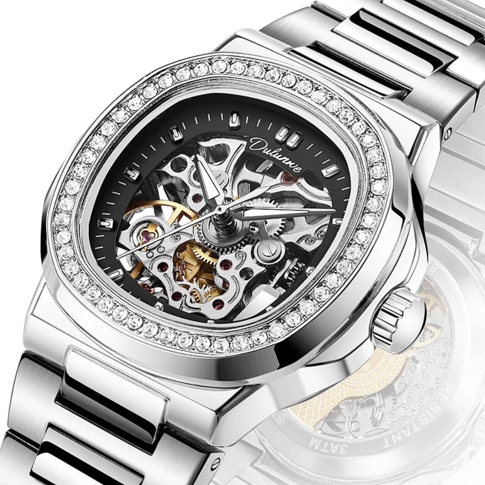 Damen Ausgehöhlte Skelett Vollautomatische Mechanische Uhr Mode Diamant eingelegte Lünette Uhr Leuchtende Wasserdicht Elegant Luxus Armbanduhr