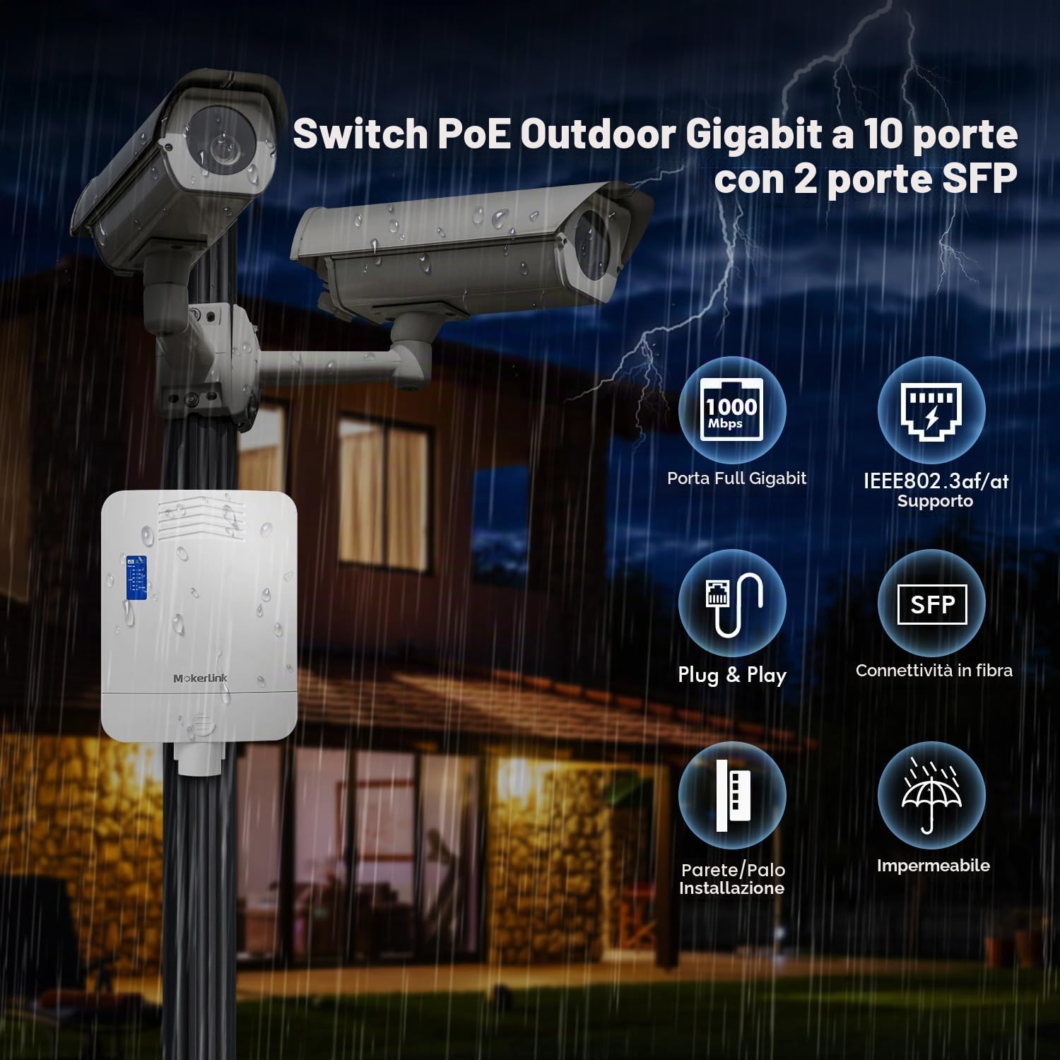 MokerLink Switch PoE a 10 Porte - 8 PoE, 2 SFP Gigabit, 96 W IEEE802.3af/at, IP65 Impermeabile, Plug and Play