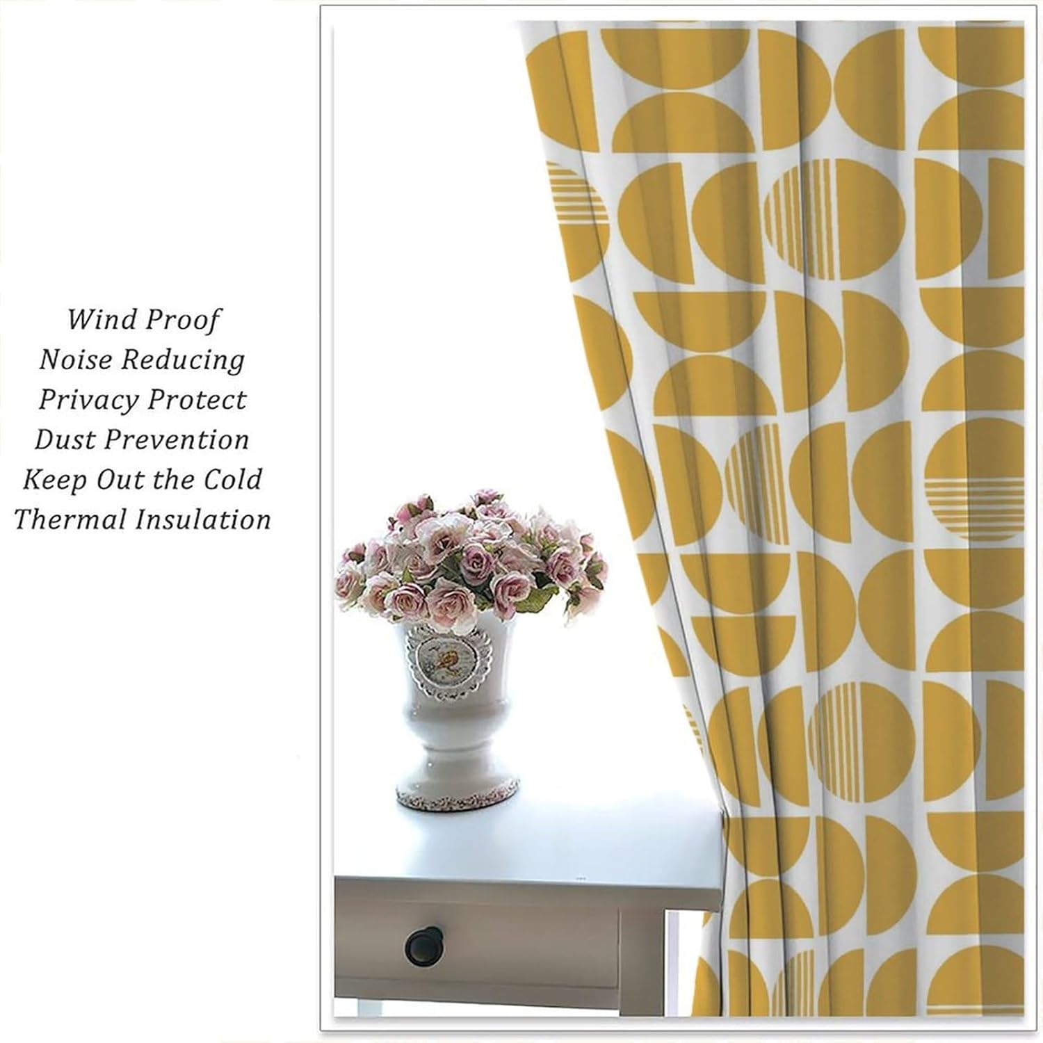 Geometry Curtains, Yellow Modern Mid Century Aesthetics Circle Pattern Blackout Window Treatments, Rod Pocket Thermal Insulated Drapes 2 Panel Sets for Bedroom Living Room, 72" W X 63" L
