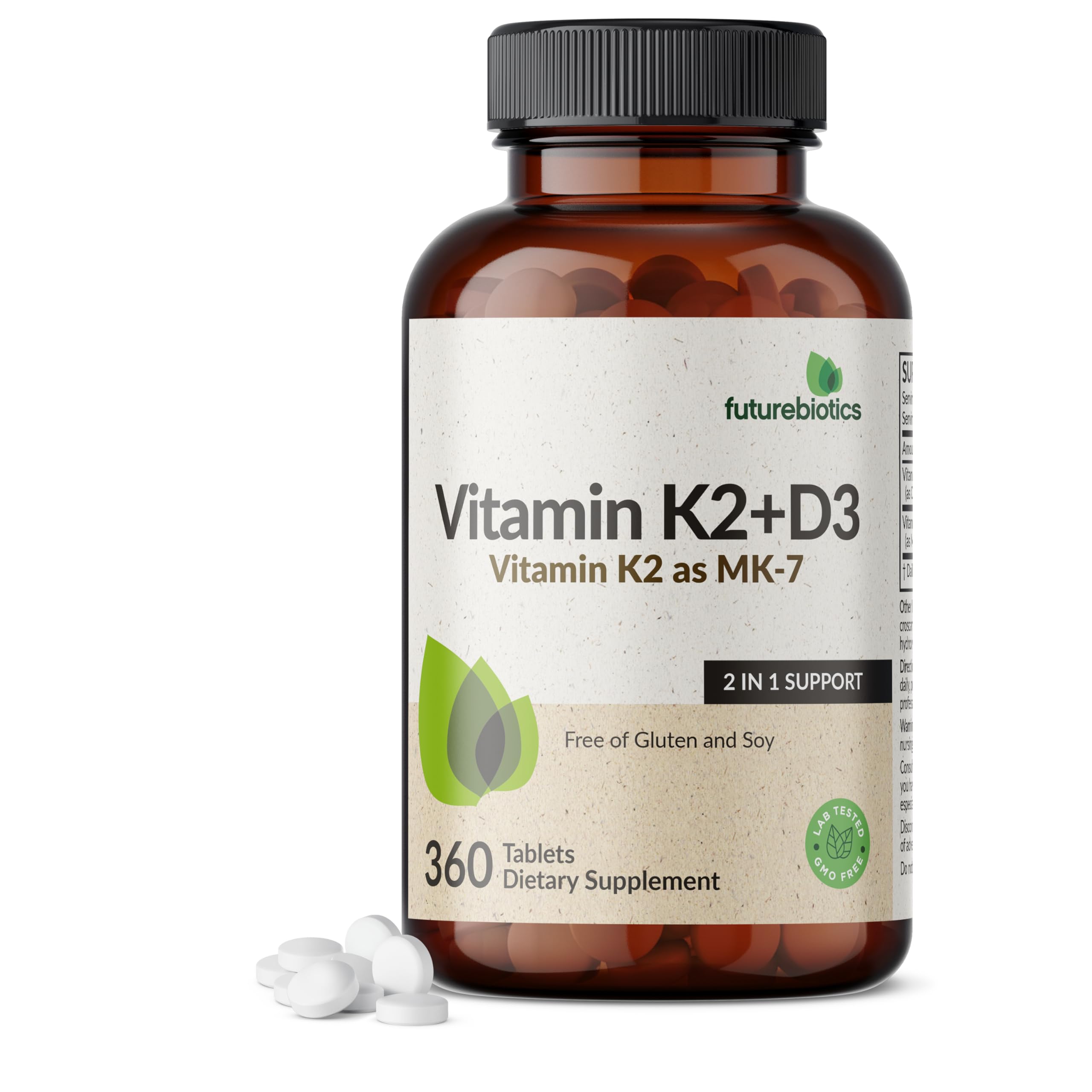 Futurebiotics Vitamin K2 with D3, 2 in 1 Support, 5000 IU Vitamin D3 & 90 mcg Vitamin K2 MK-7 Non-GMO, 360 Tablets
