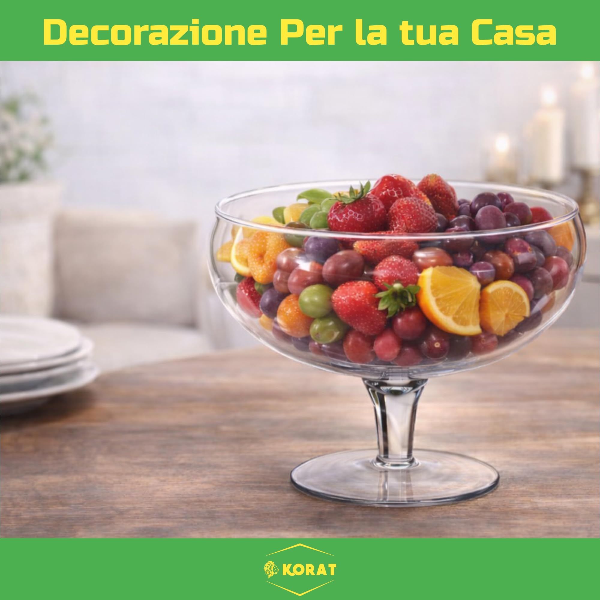 KORAT - Centrotavola in Vetro con Piede – Coppa Decorativa Trasparente per Frutta, Dolci, Confetti e Decorazioni – Alzata Elegante per Tavolo e Casa – Design Moderno 27 x 27 x 18 cm