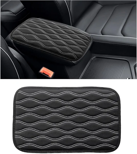 Dickno Car Center Console Pad, Waterproof Auto Armrest Seat Box Cover, PU Leather Arm Rest Protector Cushion Pad, Universal Vehicle Interior Protection Accessories for Car SUV (Black & White)