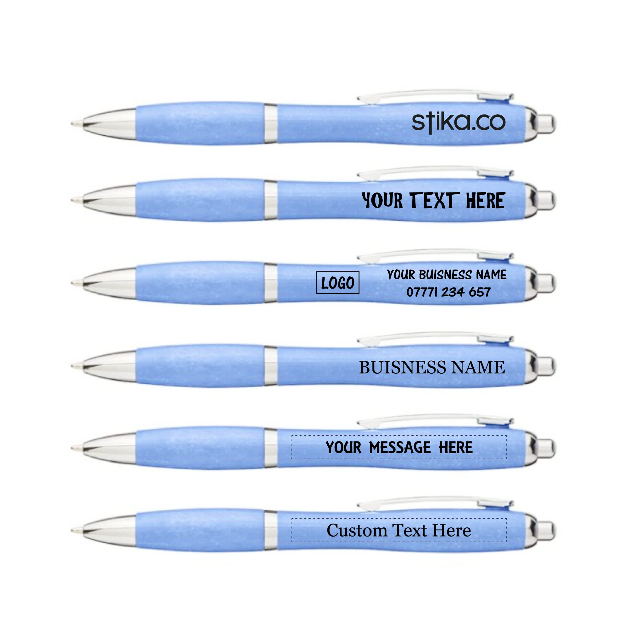 Multipack Eco-Friendly Wheat Custom Printed Curved Pens Personalised with Your Logo/Text, Promotional Events Schools Giveaway (Set of 20, Blue)