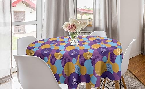 Ambesonne Synthwave Round Tablecloth, Continuous Pattern of Futurism Themed Colorful Shapes Round and Triangles, Circle Table Cloth Cover for Dining