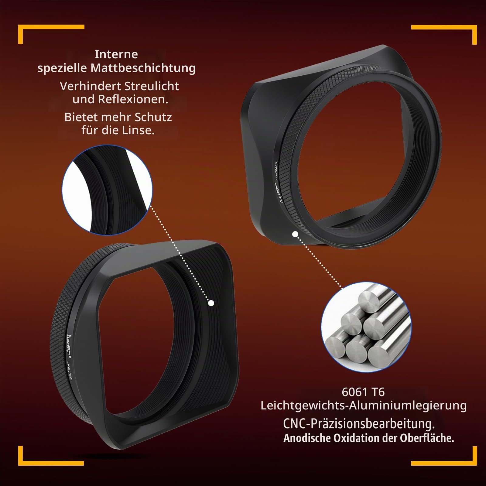 Haoge LH-X200B Gegenlichtblende aus Metall mit 49 mm Adapterring und Metallkappe für Fujifilm X100VI Fuji X100V X100F X100T X100S X70 Kamerazubehör schwarz