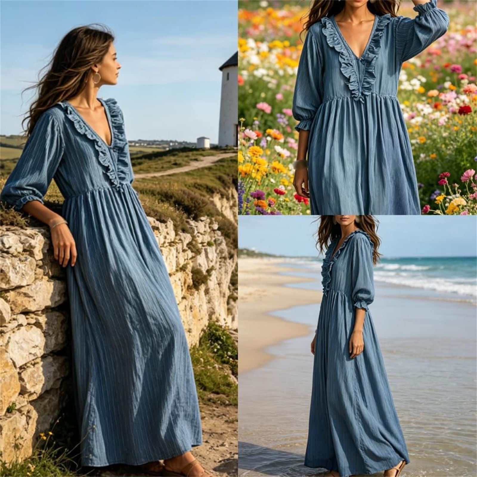 Maxi Abito da Donna Ampio e Fluido, a Righe con Stampa Artistica, Scollo a V, Maniche a Sbuffo con Ruches – Maxi Abito Casual ed Elegante a Righe con Ruches