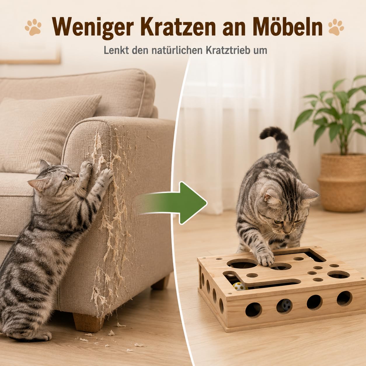 Taichaeu 2-in-1 Katzen Kratzspielzeug mit Intelligenzspiel & Krallenpflege - Interaktive Nagelfeilen, Katzen Krallenpflege beim Spielen, Katzen Kratzbrett aus Holz - 3 Glockenbällen & Federstab
