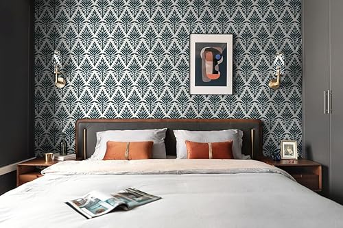 Miniatura 8 de Yasinet Papel tapiz moderno para despegar y pegar, papel de contacto bohemio blanco y verde oscuro, papel tapiz de hojas autoadhesivo, extraíble,