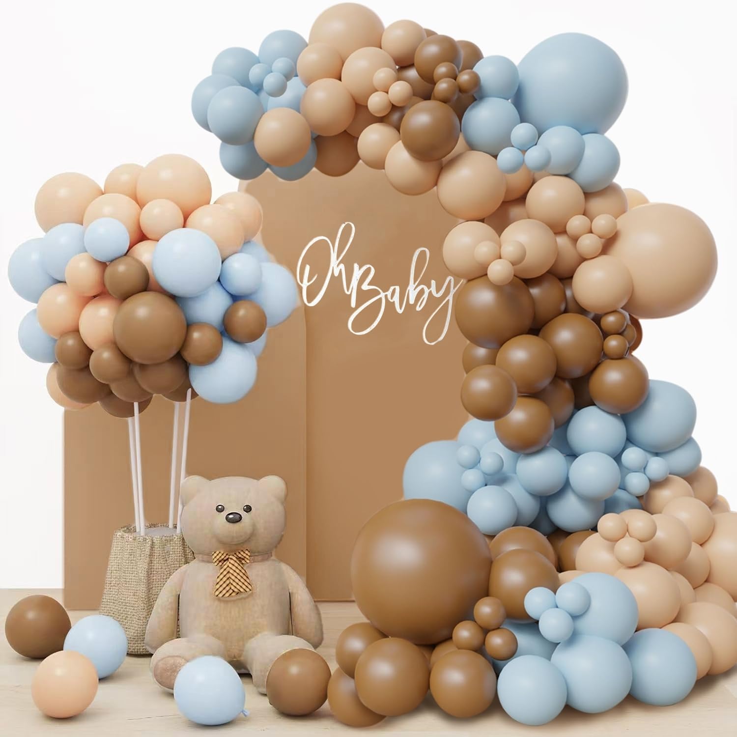 Balloon Garland Brown Blue, 147 Pieces Nude Coffee Pastel Blue Boho Neutral Balloons Garland, Baby Shower Decorations for Boys Gender Reveal Birthday Wedding Party Decoration