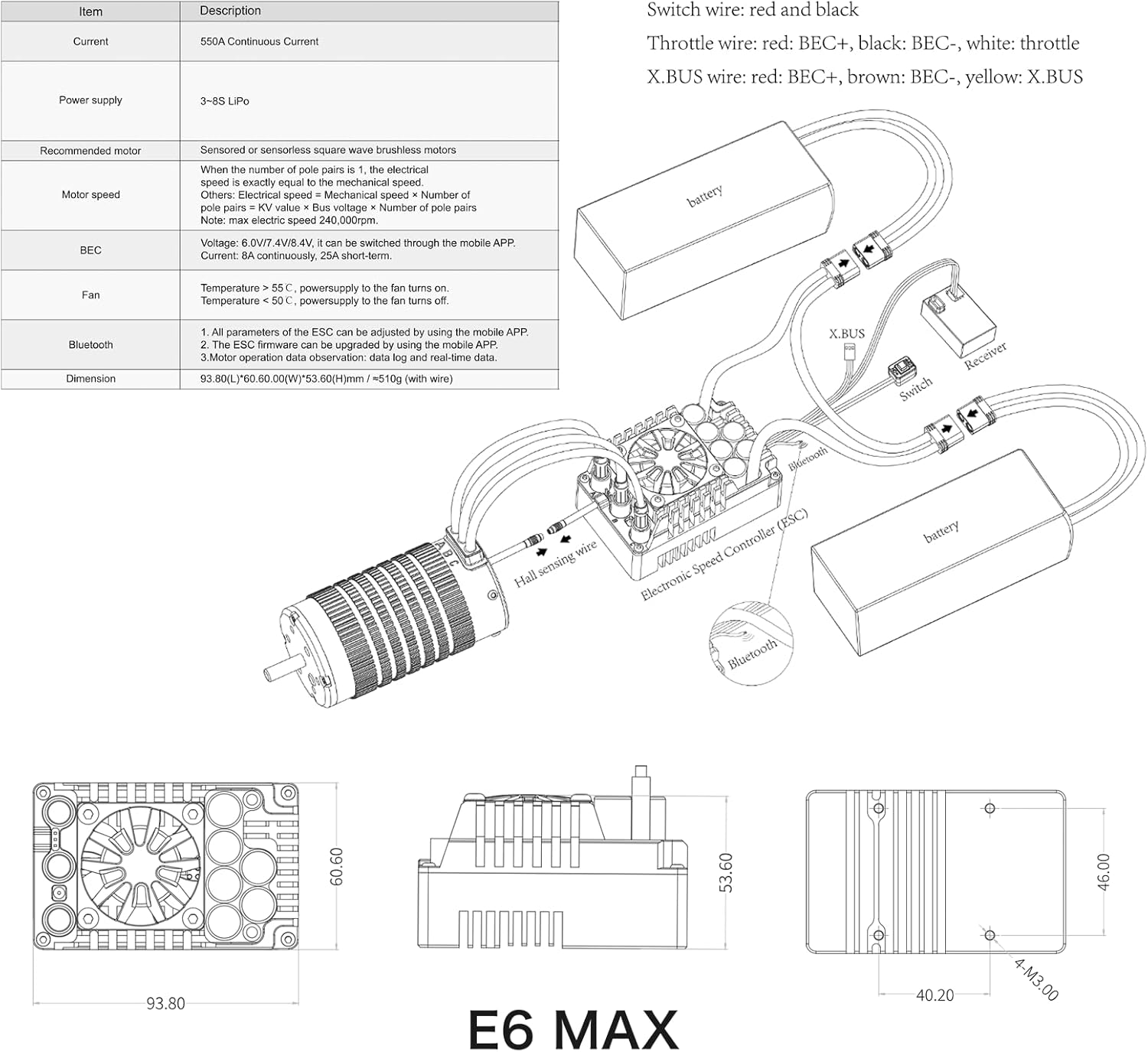 XC E6MAX APP Controls Sensored Brushless ESC for RC Car, 3-8S Lipo,550A Continuous Current,8-25A、6.0/7.4/8.4V BEC,Suitable for 1/6、1/7 Scale On-Road Speed Car Truck Monster