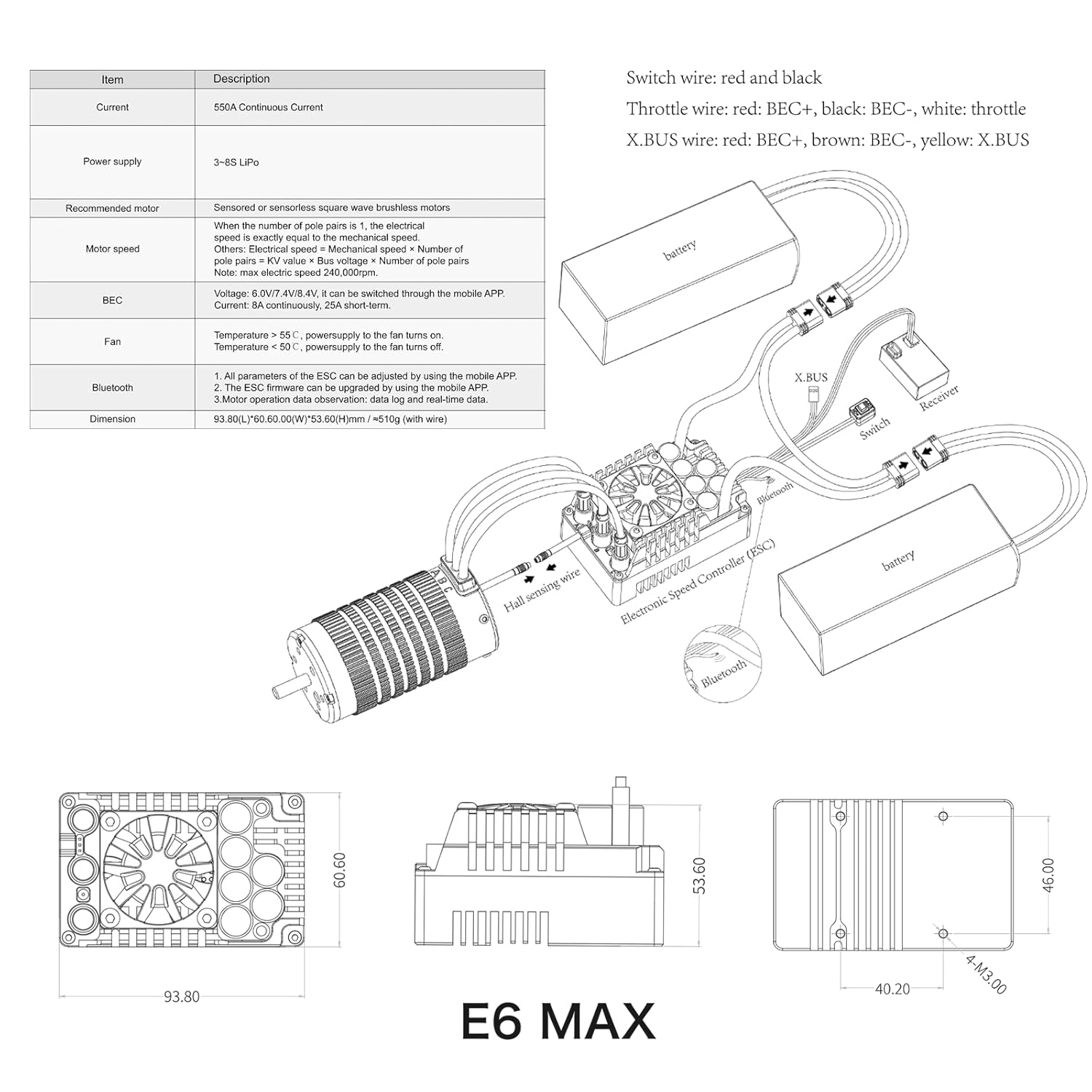XC E6MAX APP Controls Sensored Brushless ESC for RC Car, 3-8S Lipo,550A Continuous Current,8-25A、6.0/7.4/8.4V BEC,Suitable for 1/6、1/7 Scale On-Road Speed Car Truck Monster - Image 2