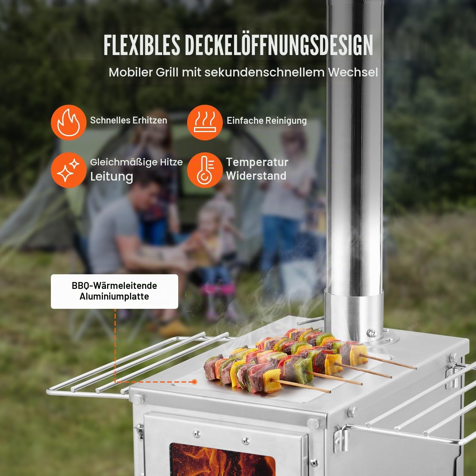 VEVOR Holzofen, 80 Zoll, Camping-Zeltofen aus Edelstahl, tragbarer Holzofen mit Kaminrohren und Handschuhen, 700 Zoll großer Feuerraum-Zeltofen zum Kochen und Heizen im Freien mit 8 Rohren