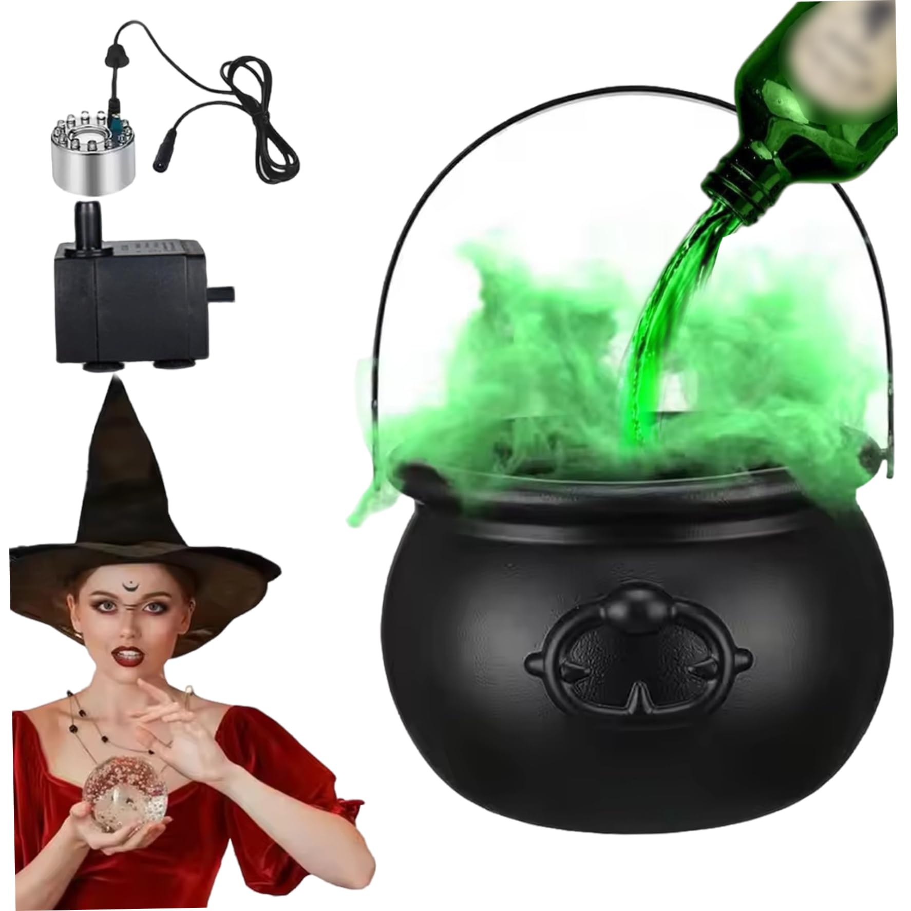 Hbbgdiy Witch Cauldron 8 Inch Plastic Cauldron Pot with Magical Green Water Dye and Sprayer for Halloween Candy Bowl, Party Prop, Home and Porch Decoration