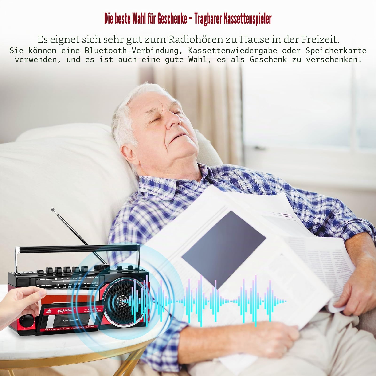 Kassettenspieler, tragbarer Kassettenspieler, kompatibel mit FM/AM/SW Frequenzbandrekorder, kompatibel mit Kassette/Bluetooth/Karteneinführung/Aufnahme