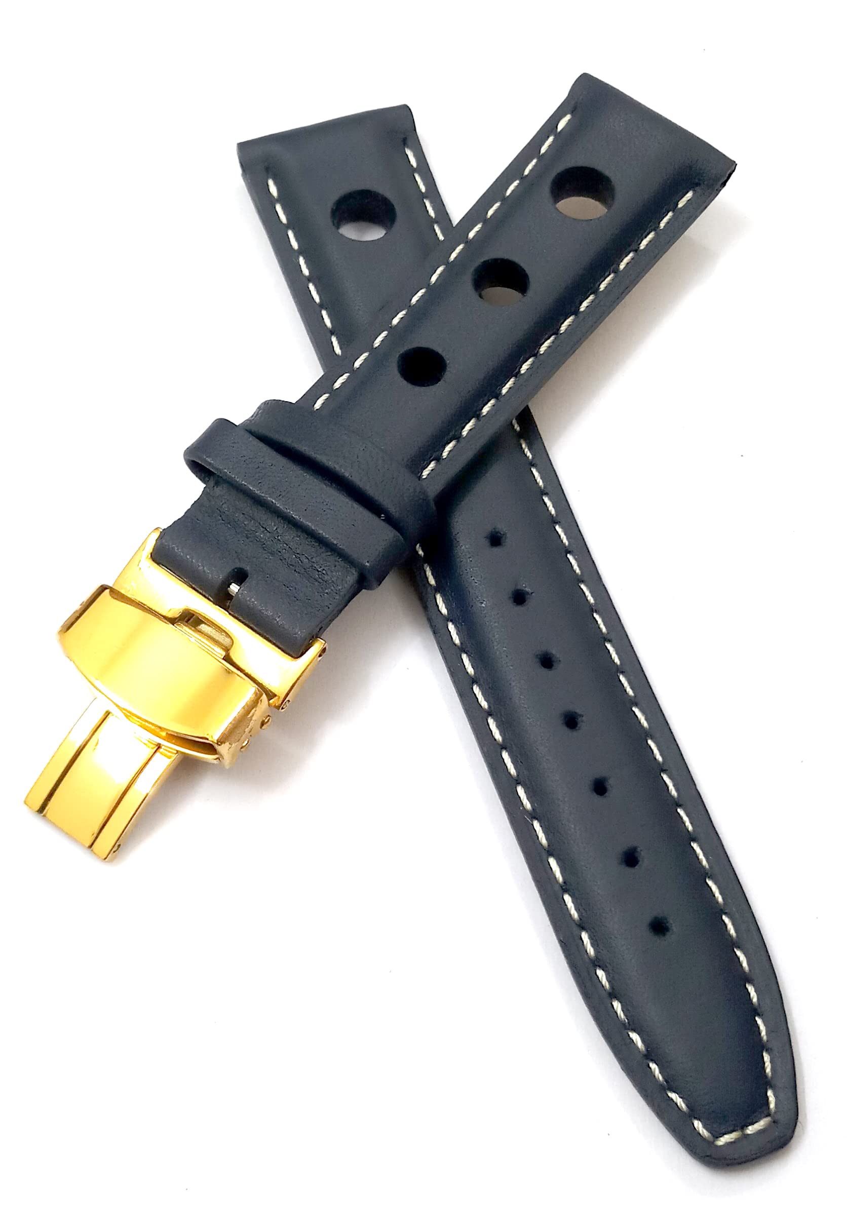 Ewatchaccessories 22mm Genuine Leathe Blue With White Stich Watch Band Strap for Men and Women | Comfortable and Durable Material |Deployment Golden Buckle (B0B257QYF1) Amazon Price History, Amazon Price Tracker